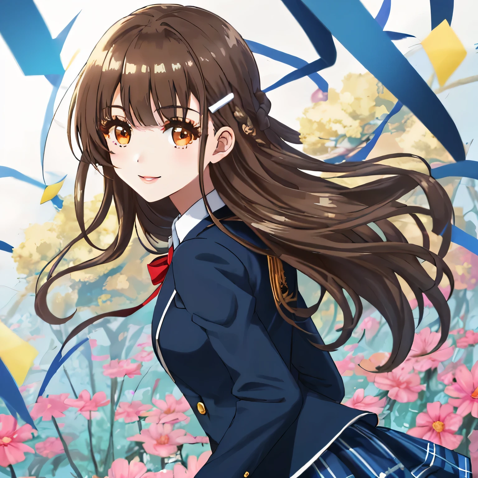 highest quality, (masterpiece:1.2), very detailed, girl looking back at viewer, Glossy lips that make you want to kiss, nice smile, brown eyes, dark brown symmetrical braids, , height: 155cm, big shiny hair clip, school uniform, Dark blue and navy plaid skirt, middle long skirt, Luxurious navy blazer with a golden patch on the left chest, ((navy blue big shiny school ribbon tie.)), laughter、bright look、Both face and hair catch the light and shine, I&#39;I&#39;m very happy, The expression of a cute maiden in love, The long skirt fabric has a beautiful deep blue checkered pattern...., cute expression, double eyelid, ((long eyelashes and long lower eyelashes)), pure white background, The wind is blowing, Photographed from behind diagonally