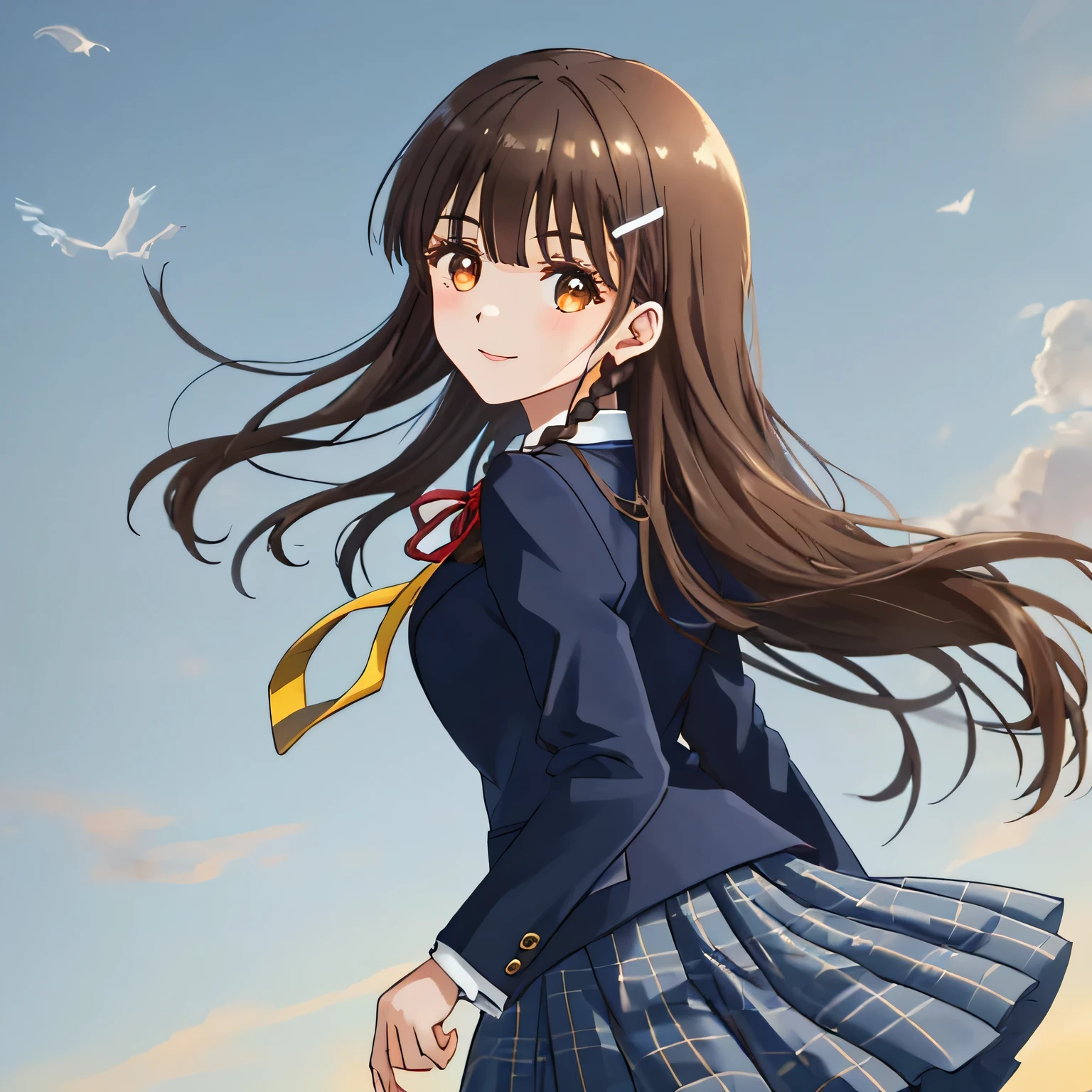 highest quality, (masterpiece:1.2), very detailed, girl looking back at viewer, Glossy lips that make you want to kiss, nice smile, brown eyes, dark brown symmetrical braids, 14 years old, height: 155cm, big shiny hair clip, school uniform, Dark blue and navy plaid skirt, middle long skirt, Luxurious navy blazer with a golden patch on the left chest, ((navy blue big shiny school ribbon tie.)), laughter、bright look、Both face and hair catch the light and shine, I'I'm very happy, The expression of a cute maiden in love, The long skirt fabric has a beautiful deep blue checkered pattern...., cute expression, double eyelid, ((long eyelashes and long lower eyelashes)), pure white background, The wind is blowing, Photographed from behind diagonally