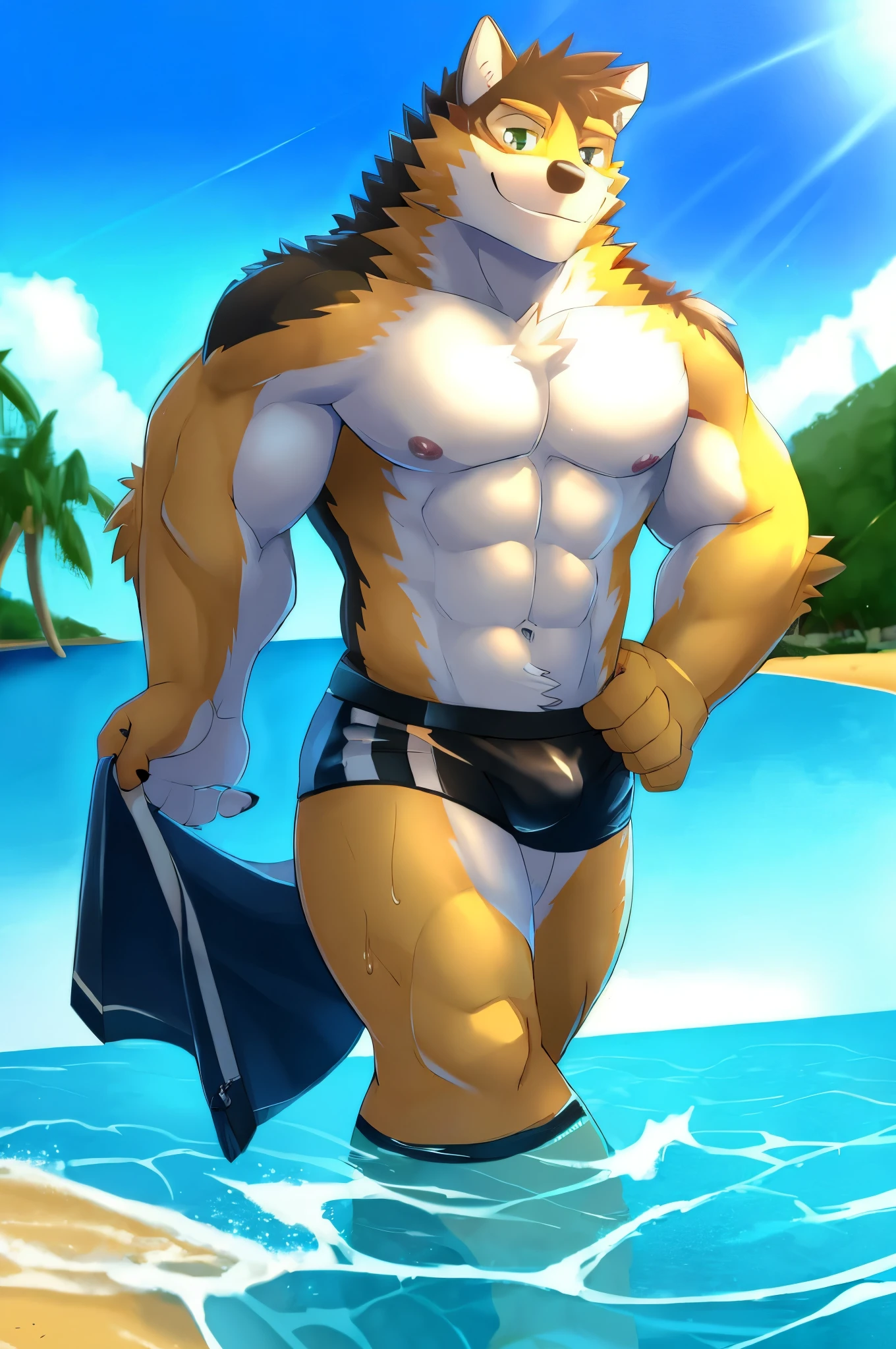 ((Best quality, 8k, masterpiece)), walking in water at the beach, shirtless, black underwear, wet, smiles