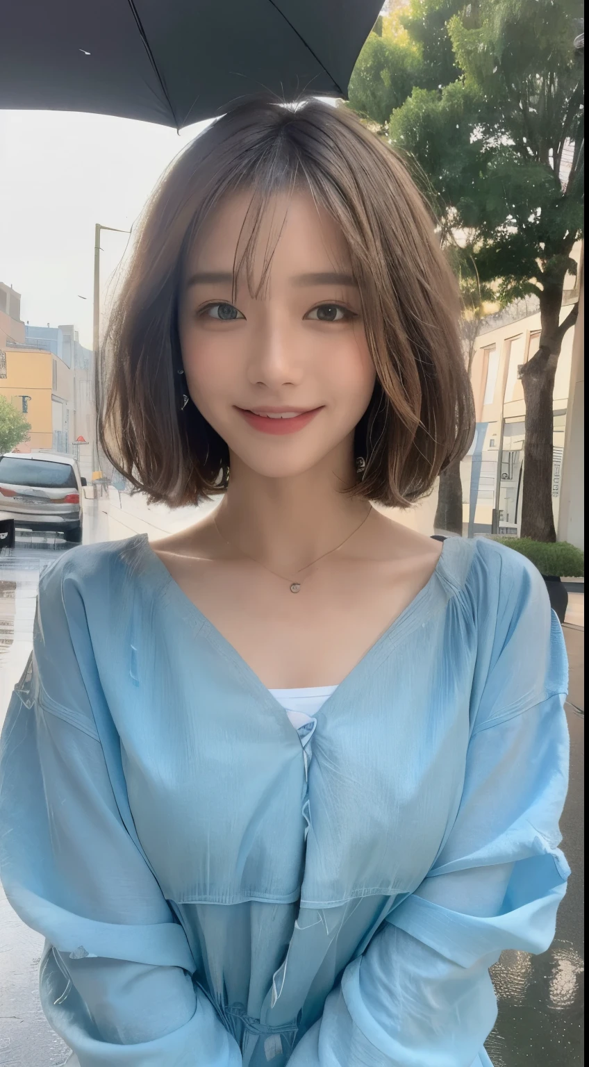 ((highest quality, 8k, masterpiece:1.3)), concentrated: 1.2, perfect body beauty: 1.4, buttocks: 1.2, ((layered haircut, chest: 1.2)), (wet clothes: 1.1), (rain, street:1.3), bandeau dress: 1.1, Highly detailed face and skin texture, fine eyes, double eyelid, Whitening skin, long hair, (shut up: 1.3), smile