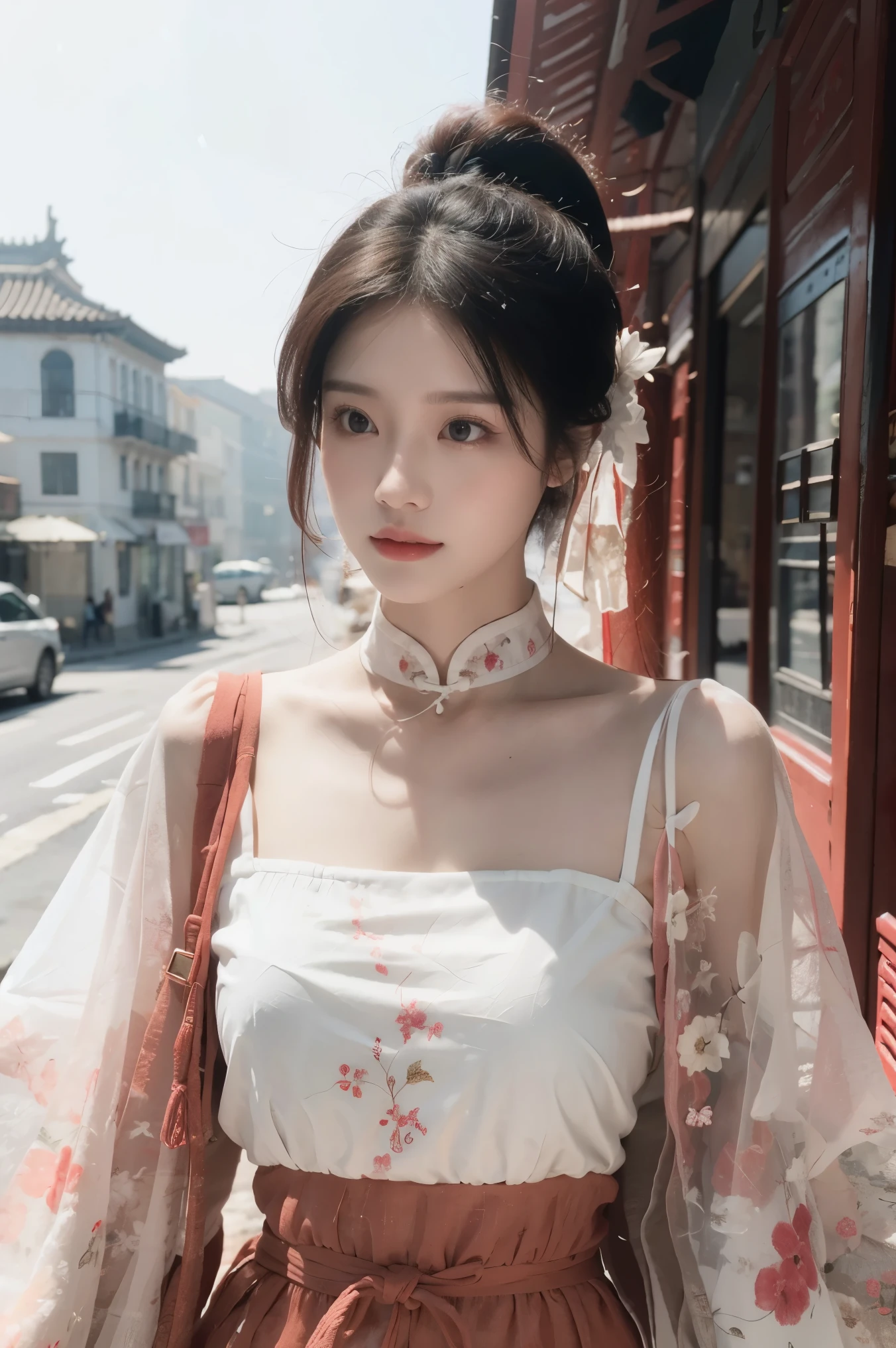 Shrouded in thick fog, Chinese classical clothing, (red: 1.5) BREAK (white: 1.5) long hair and high ponytail outdoor, official art of movie photos, unified 8k wallpaper, ultra fine, beautiful, best quality, photo realism, denim shots, dynamic angles, elegance, vibrant colors, romance, and grandeur. 35mm photo, film, defocus, highly detailed, skin details realistic, super realistic