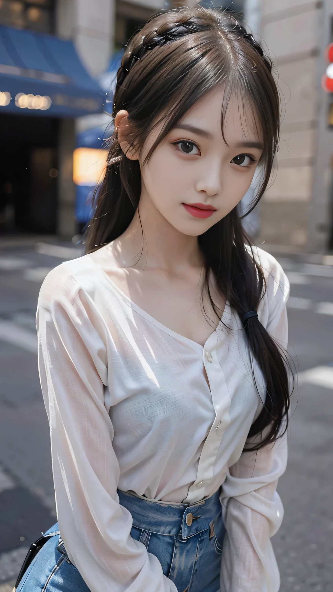 european cityscape,one woman,full body photo,table top, best image quality, high quality, The background is clear，Beautiful woman, Japanese, be familiar with, be familiar with eyes, be familiar with skin, beautiful skin, 超High resolution, (reality: 1.4),very beautiful woman, a little young face, beautiful skin, thin, (ultra photoreal sim), (High resolution), (8k), (非常にbe familiar with) (beautiful detailed eyes), (超be familiar with), (be familiar with face), view viewer, small details, be familiar with face, look straight ahead, look straight ahead, reality的な写真, bright lighting, professional lighting, black hair,ponytail,a baby face,15 years old,髪型はponytailです,ロングponytailの髪型,slight smile,neatly organized clothes,european cityscape,Beautiful Japanese KPOP idol photo, ヘアスタイルはponytailです, my eyes are double and wide, baby face, smile and look straight ahead, thin, small breasts,formal shirts,jeans,close up face,