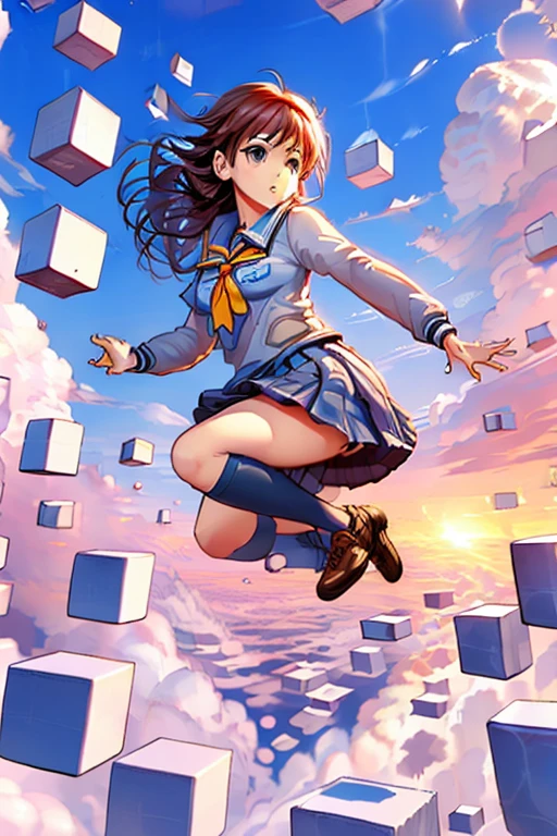 fujisaki shiori, yellow hairband, school uniform, serafuku, long sleeves, pleated skirt, ice cube, jumpSky,floating brick object,jumping,in high position,sky,above clouds,too many blocks,looking down,from above,
