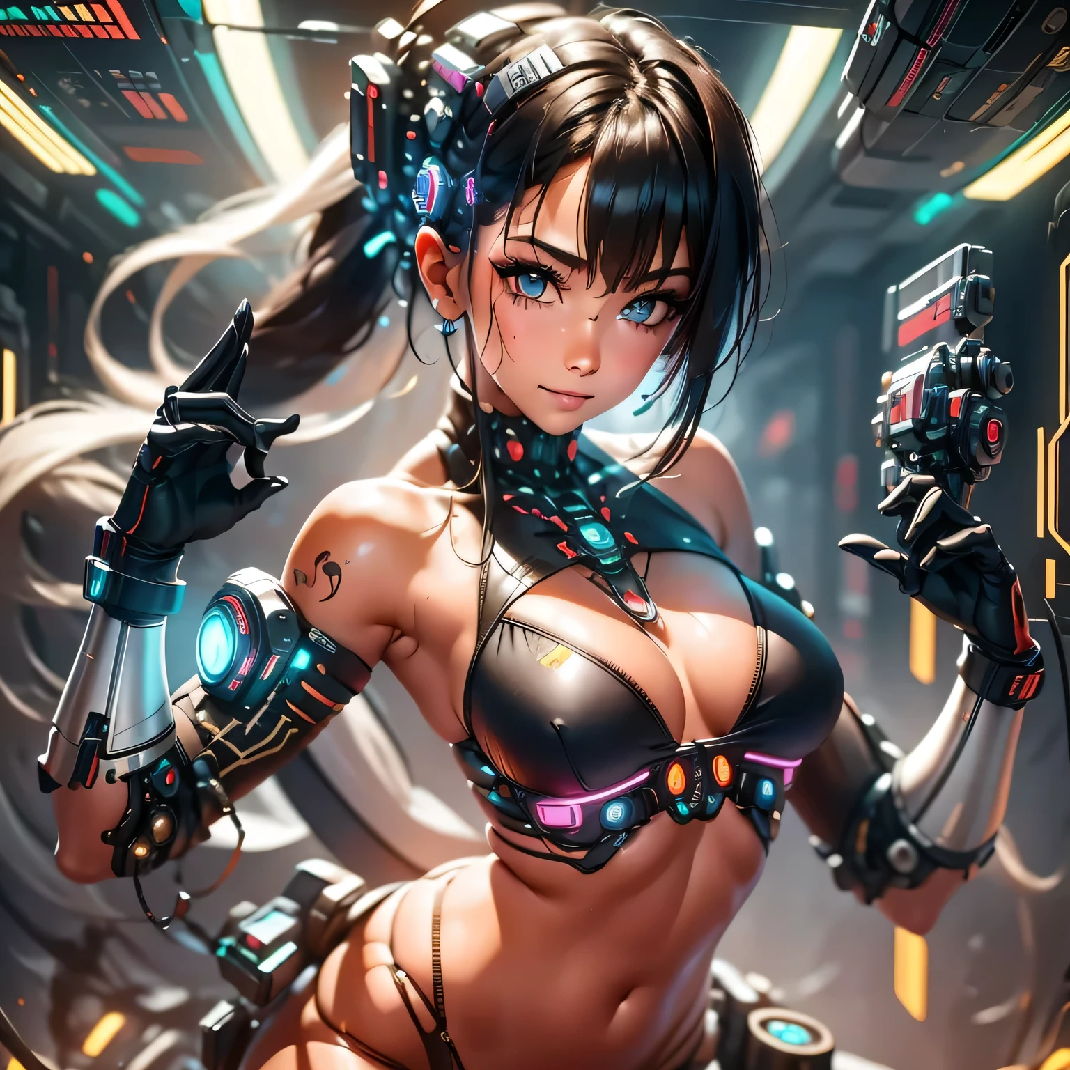 Generate a high-quality 16k image using advanced rendering techniques such as photon mapping, radiosity, and physical rendering with automatic white balance. The image should feature a beautiful, 18-year-old cyber punk girl with smooth, soft skin, visible pores, and a heart-shaped butt, which is a current trend in Brazil. She should have multiple cyborg implanted mechanical arms and a bionic face, with electricity effects visible. She is fit and attractive, with small breasts and nipples visible. She is wearing cotton micro lingerie with cotton panties or very short pajamas. The focus of the image should be her beautiful, symmetrical face with ultra-detailed eyes and the bikini line on tanned skin. She should have a smiling expression and pose in a sexy manner, looking directly at the viewer. The background should be a detailed sci-fi Cyber punk 2077 setting, rendered using CGI with Unreal Engine 5, but with a soft focus effect. The final artwork should not be based on a specific photograph, but should look realistic. The composition should evoke a sense of technology and high-quality craftsmanship, reminiscent of a masterpiece of illustration and CG art. The image should include elements of unity, wallpaper, and official art, with fine details, extreme delicacy, and beauty, presented in sharp focus with a high level of detail.