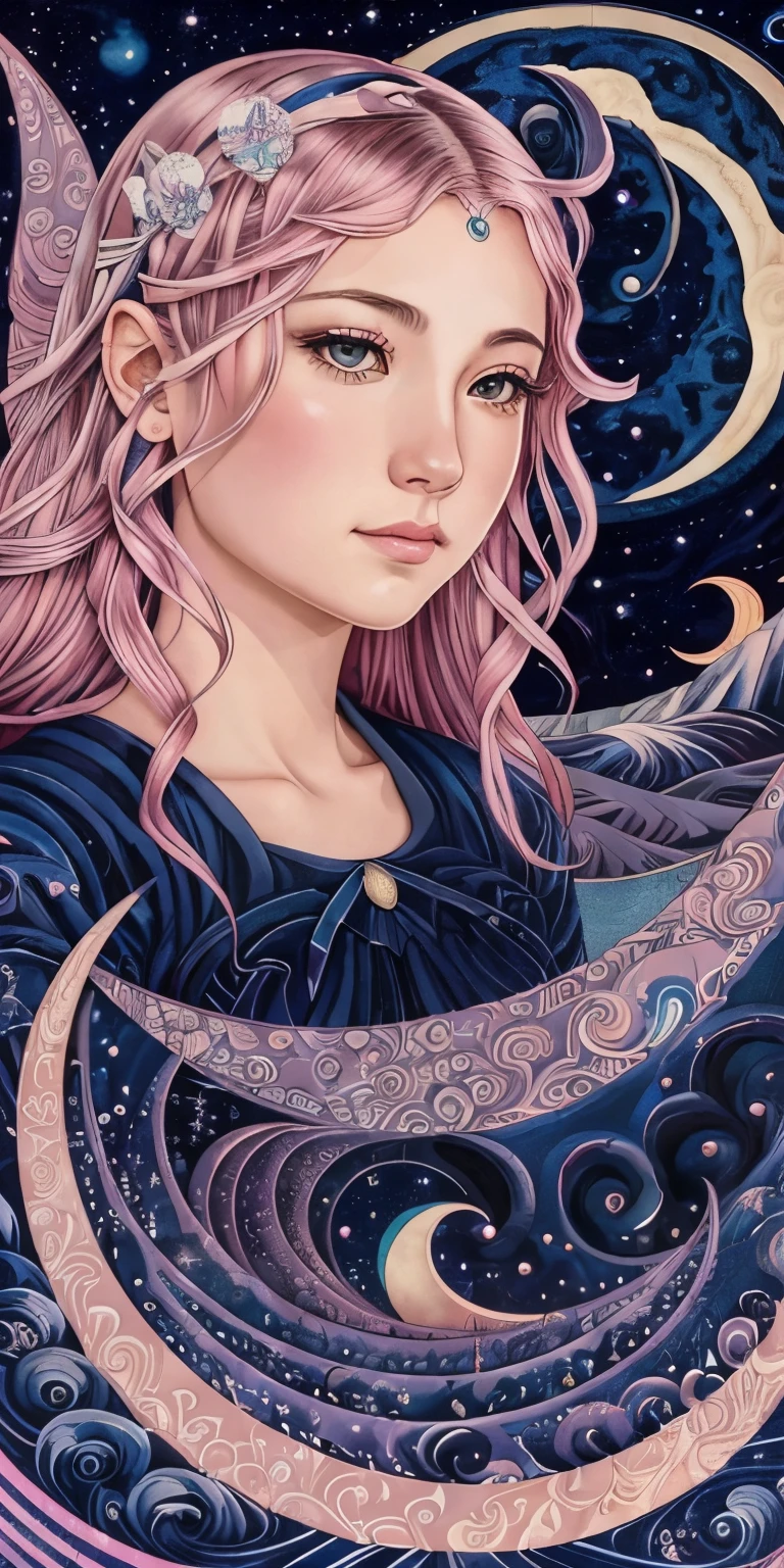 Crescent Moon、Girl in the night sky、((wide shot))、unrealistic、night sky background、moonlight、art great wave, Alex Gray ,art fractal ,face ,happy splitting, pink tone,Ultra high definition、masterpiece、