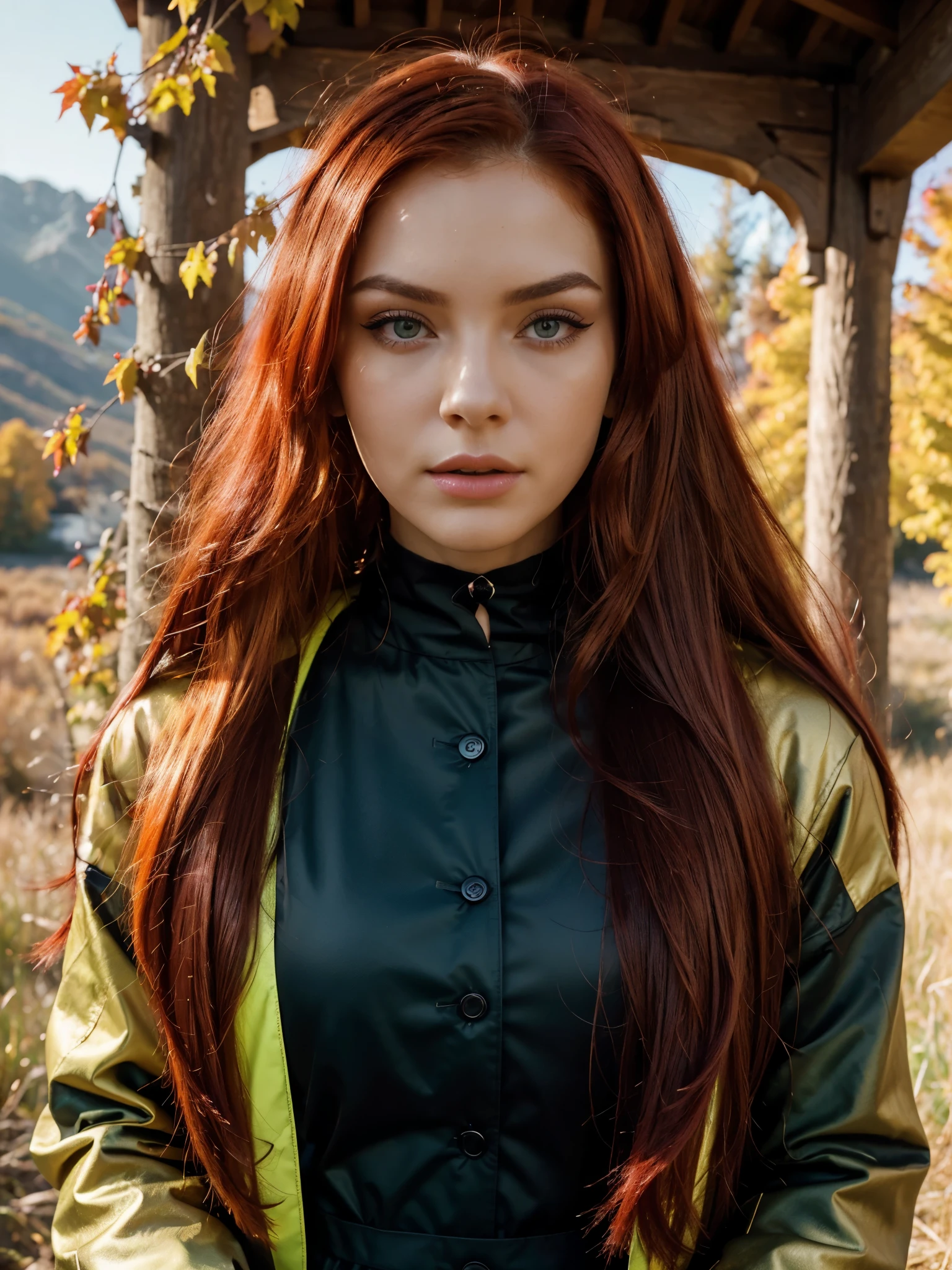 a 22 year old woman, serious expression and striking appearance. My hair ((long pastel neon red hair, contemporary and futuristic look)) frames my face and highlights my very very large blue eyes and brighter than a normal human being, magnetic brightness. My full lips are slightly parted, as if I'm about to say something. Her button nose is redder than the rest of her pale skin. My colored eyebrows are thick and dark, giving me a bold look. My cheekbones are high and defined and my eyelashes are long and curled. Her lips, painted in bold shades of bright orange. Their chromatic intensity completes the extraordinary ensemble, giving an aura of glamor and refinement to this girl with a memorable face.

On a mountain meadow, the model sits gracefully, wrapped in an impeccable coat. The autumn colors of nature blend with her dress, while the camera, strategically positioned, captures the harmony between the human figure and the environment. Dusk gives the scene warm hues, as golden leaves dance in the cool air. The model, with a serene look, conveys timeless elegance