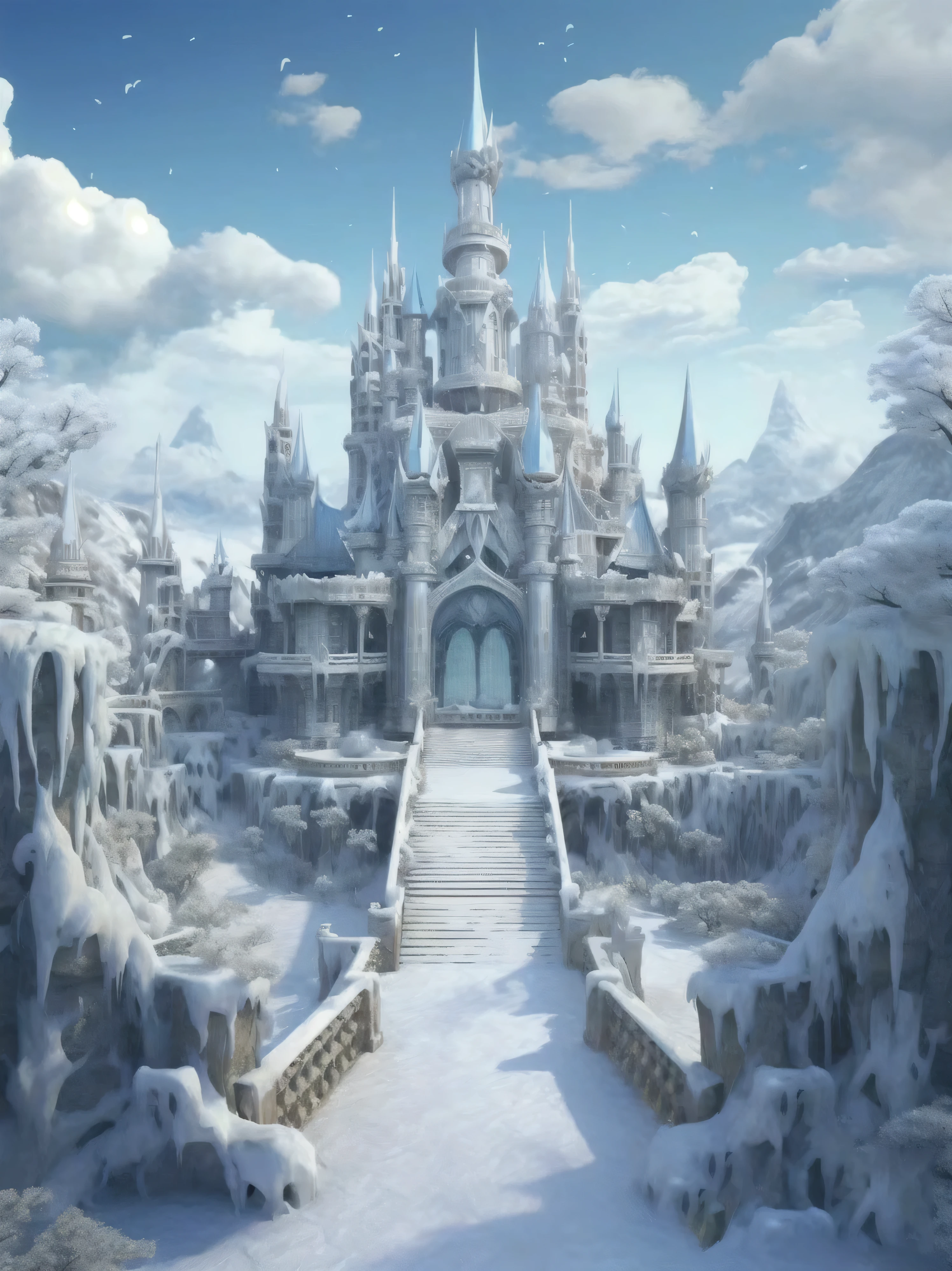 snowy castle with stairs leading to a frozen entrance, from bravely default ii, castle background, winter scene fantasy, beautiful castle, castle scene manga, beautiful detailed fantasy, fantasy castle, beautiful anime scene, akihiko yoshida. unreal engine, winter concept art, high fantasy castle, beautiful fantasy anime, light kingdom backdrop, fantasy highly detailed, ultra detailed fantasy