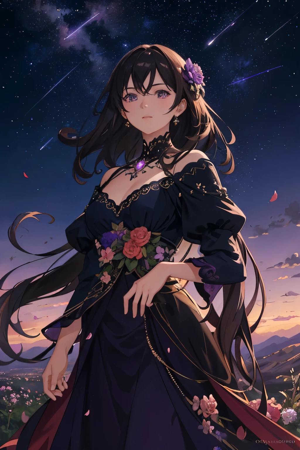 (Absurd, Cinematic, Ultra HD, Taller, Ultra-detailed), Dark purple sky, Nebula in the sky with intricate swirling patterns, Last 5 stars twinkling brightly, Big moon in the sky with realistic craters and rounded edges, Flying train passing by with sharp details, Shooting star crossing the sky, leaving a trail of light, Dandelion field in the foreground, ultra-detailed with each flower petal and puff rendered individually, Detailed sky with vivid sunset colors and atmospheric effects, Oil painting style with bold brushstrokes and rich textures.