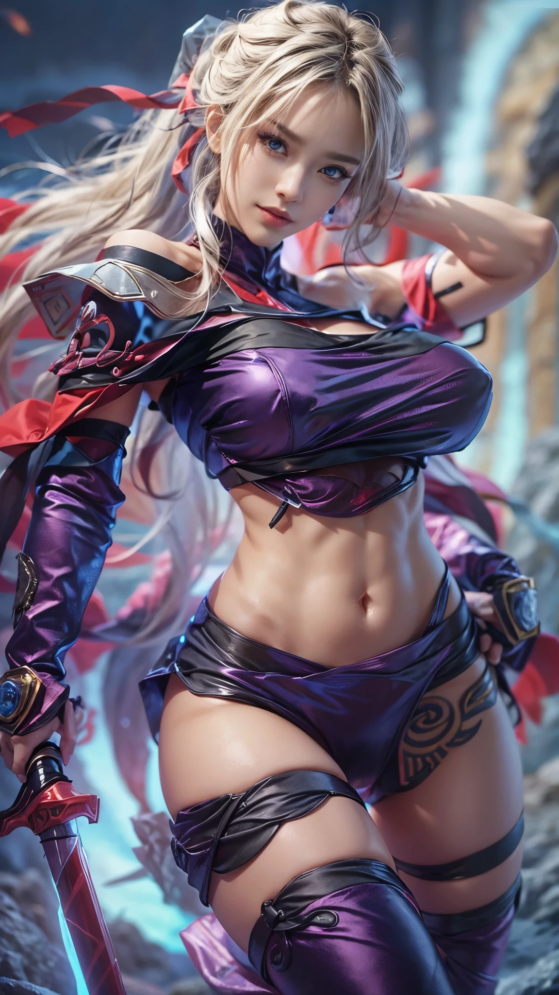 (RAW shooting, Photoreal:1.5, 8k, highest quality, masterpiece, ultra high resolution), perfect dynamic composition:1.2, midnight, Fight:1.3, Sengoku, fire事, いたるところで燃え上がる戦fire:1.2, Highly detailed skin and facial textures:1.3, Slim female ninja with a sharp dagger:1.3, beautiful and aesthetic:1.2, sexy beauty, perfect style, wear elaborate rings, fire, water, Wind, thunder, ice, Fair skin, very beautiful face, revenge, belief, hatred:1.1, (Medium chest, Chest gap), (embarrassing smile, The expression on your face when you feel intense caress, Facial expression when feeling pleasure), (Wear a sexy ninja costume in an erotic way:1.3, off shoulder:1.2), (beautiful blue eyes, Eyes that feel beautiful eros:0.8), (Too erotic:0.9, Bewitching:0.9), full body shot, perfect limbs, perfect fingers