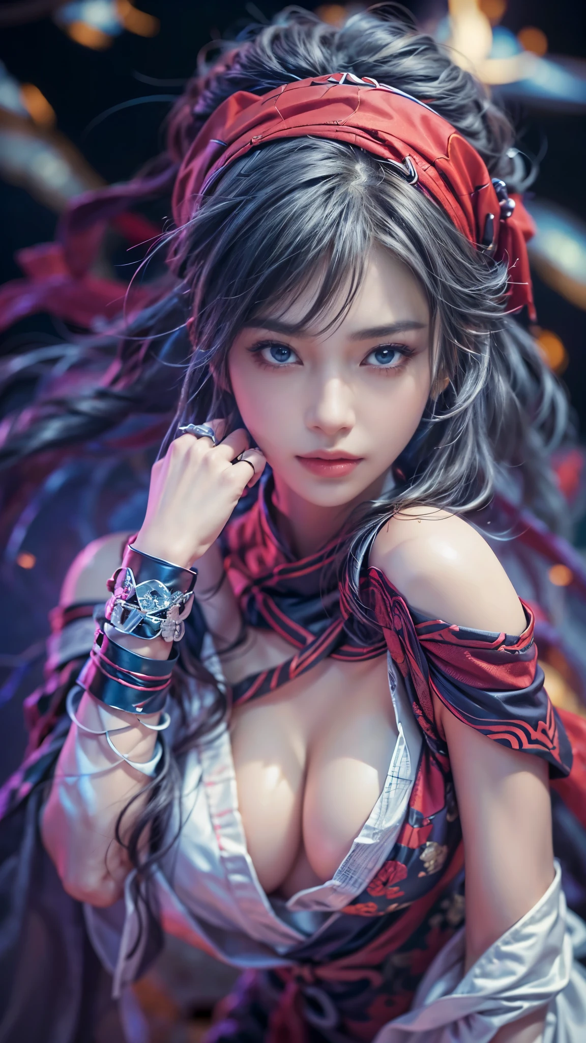 (RAW shooting, Photoreal:1.5, 8k, highest quality, masterpiece, ultra high resolution), perfect dynamic composition:1.2, midnight, Fight:1.3, Sengoku, fire事, いたるところで燃え上がる戦fire:1.2, Highly detailed skin and facial textures:1.3, Slim female ninja with a sharp dagger:1.3, beautiful and aesthetic:1.2, sexy beauty, perfect style, wear elaborate rings, fire, water, Wind, thunder, ice, Fair skin, very beautiful face, revenge, belief, hatred:1.1, (Medium chest, Chest gap), (embarrassing smile, The expression on your face when you feel intense caress, Facial expression when feeling pleasure), (Wear a sexy ninja costume in an erotic way:1.3, off shoulder:1.2), (beautiful blue eyes, Eyes that feel beautiful eros:0.8), (Too erotic:0.9, Bewitching:0.9), full body shot, perfect limbs, perfect fingers
