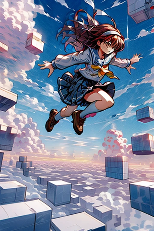 fujisaki shiori, yellow hairband, school uniform, serafuku, long sleeves, pleated skirt, ice cube, jumpSky,floating brick object,jumping,in high position,sky,above clouds,too many blocks,looking down,from above,
