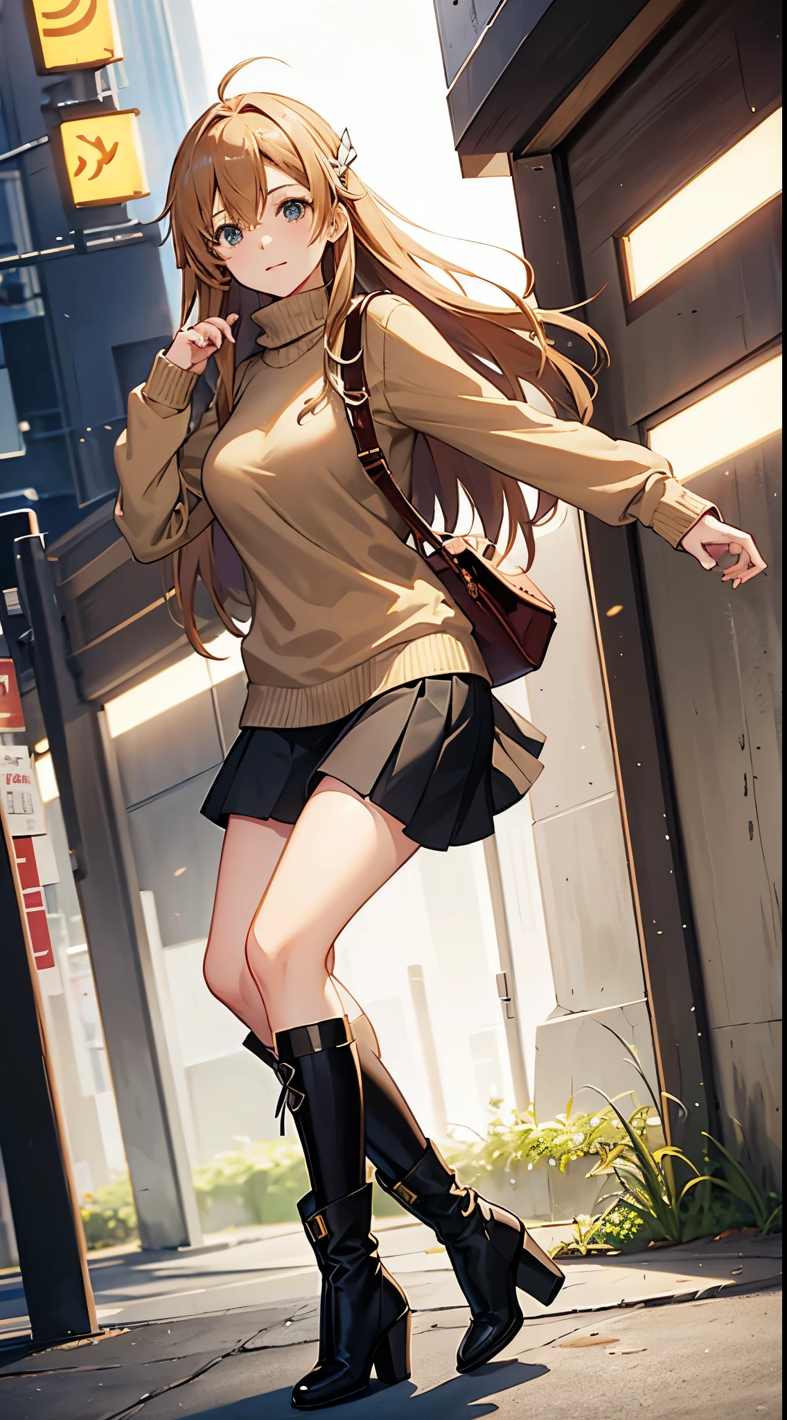 Anime girl in a short skirt and boots walking down a street - SeaArt AI