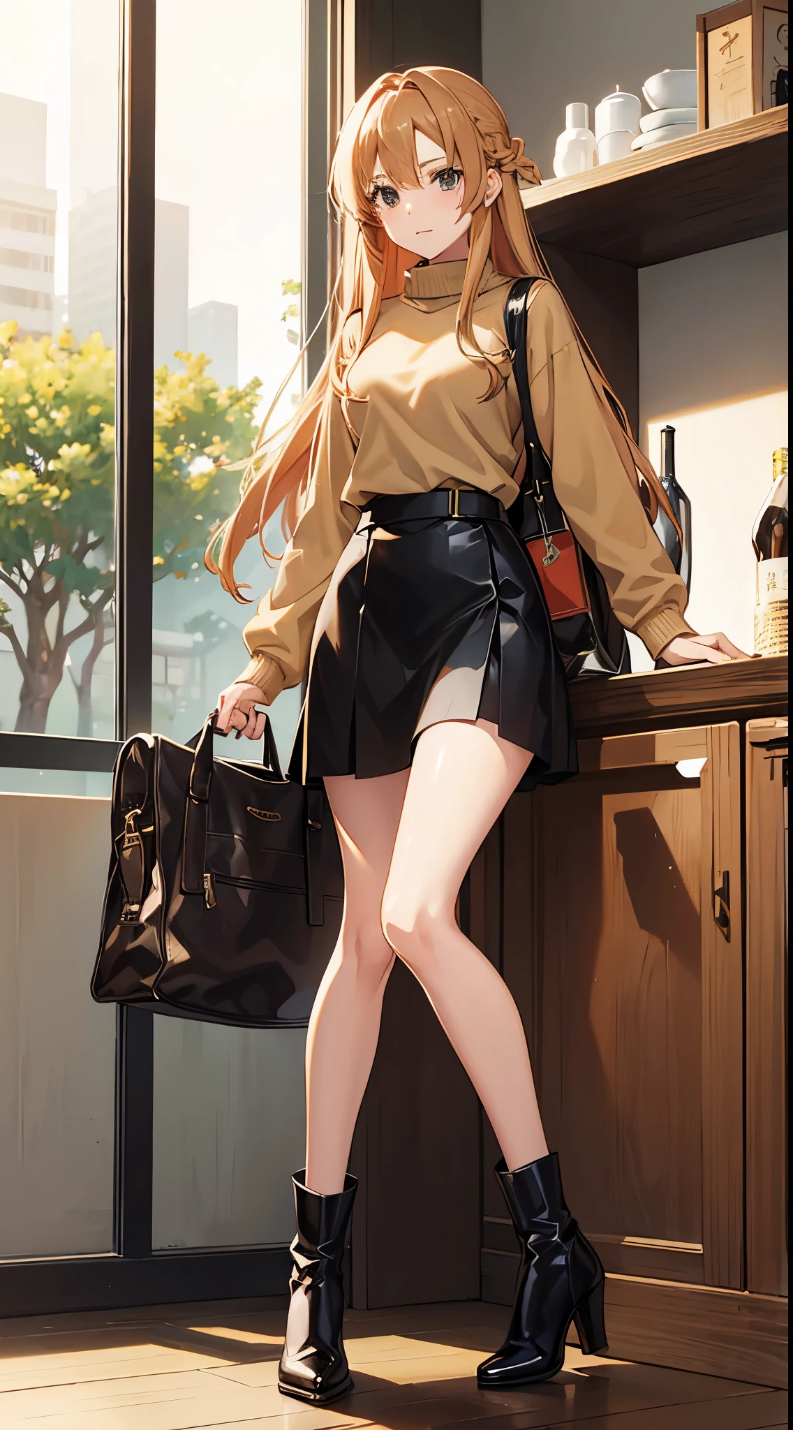 Asuna from Sword Art Online wearing a light brown sweater, a black skirt and high heel boots