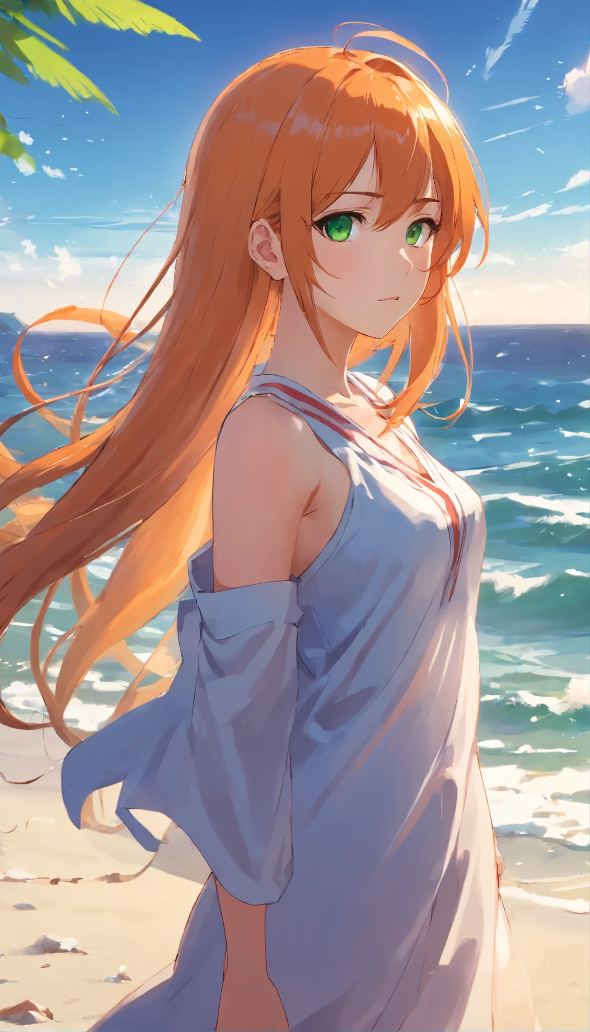 Anime girl with long orange hair, standing on the beach near the ocean, green eyes detailed digital anime art, Anime girl with long hair, гладкое аниме cg art, Anime girl with long hair, digital anime art, work in Guweiz style, Beautiful anime portrait, Photorealistic render of an anime girl, Beautiful anime girl, advanced digital anime art, guweiz на artstation pixiv HD UHD HQ