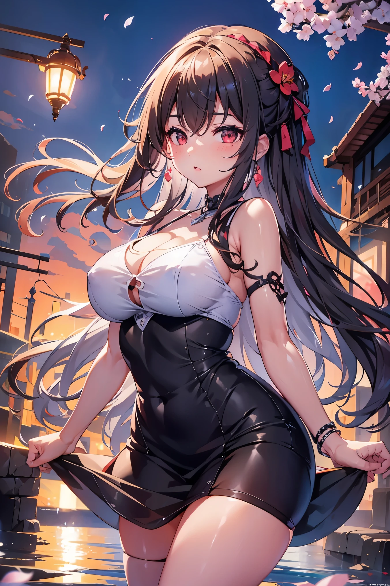 1 female、whole body、bottom angle、brown hair、long hair、well-groomed face、silver hair、dense lips、red eyes、blue one piece、beautiful breasts、slim、mini skirt、cherry blossoms、cherry blossoms吹雪、petal、hot spring town、night、full moon、masterpiece、ultra high resolution、delicate、perfect lighting、sunlight、16K