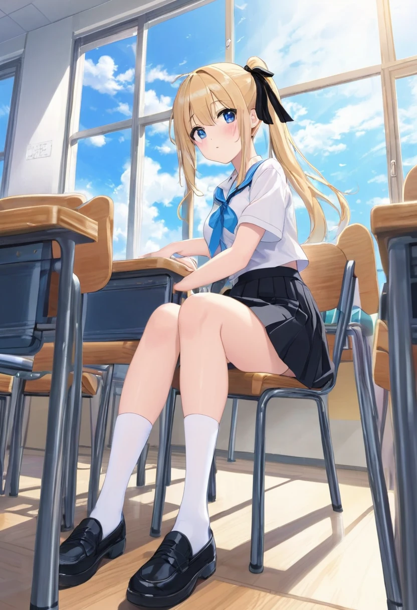 blonde　ponytail　long hair　black ribbon　Japanese　cute　beautiful girl　ankle-length white socks　white cutter shirt　short sleeve　black skirt　knee length　uniform　summer　lightly dressed　high school student　big breasts　thin feet　Beautiful butt　tall　beautiful feet　1 person　classroom　wooden desk　wooden chair　sit on a chair　Note　pencil　Lady　By the window　clear　blue ribbon　stretch your back　167cm　beautiful girl　cute　There is a goods　Indoor shoes　右手にpencil　Front opening　focusing　During class　bright　serious　black pants　black bra　front　blue sky　hot　blue eyes　correct posture　daytime　腕clock　upward glance　With a plump body　facing each other　Upper body　clock　student　front