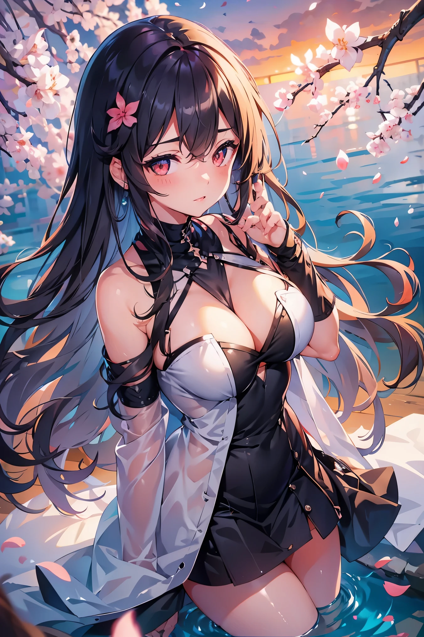 1 female、whole body、bottom angle、brown hair、long hair、well-groomed face、silver hair、dense lips、red eyes、blue one piece、beautiful breasts、slim、mini skirt、cherry blossoms、cherry blossoms吹雪、petal、hot spring town、night、full moon、masterpiece、ultra high resolution、delicate、perfect lighting、sunlight、16K