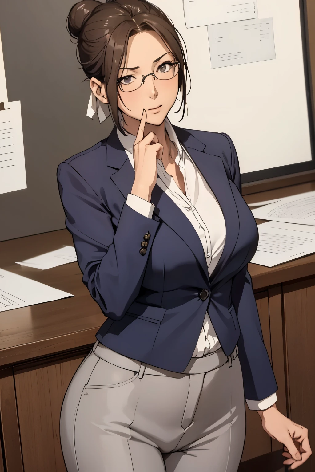 (masterpiece, best quality, detailed illustration, high resolution), ((1girl, solo)), ((huge breasts, slim waist, long legs, fit body, toned body)), ((brunette hair)), ((business suit, pants)), ((full body, closeup view)), ((standing)), ((looking at the viewer, facing the viewer)), office setting, ((tanned skin)), oiled skin, ((large breasts, mature woman, mature female, mature lady)), ((single hair bun)), (detailed eyes), ((standing)), ((good eyes, better eyes, expressive eyes)), (glasses)