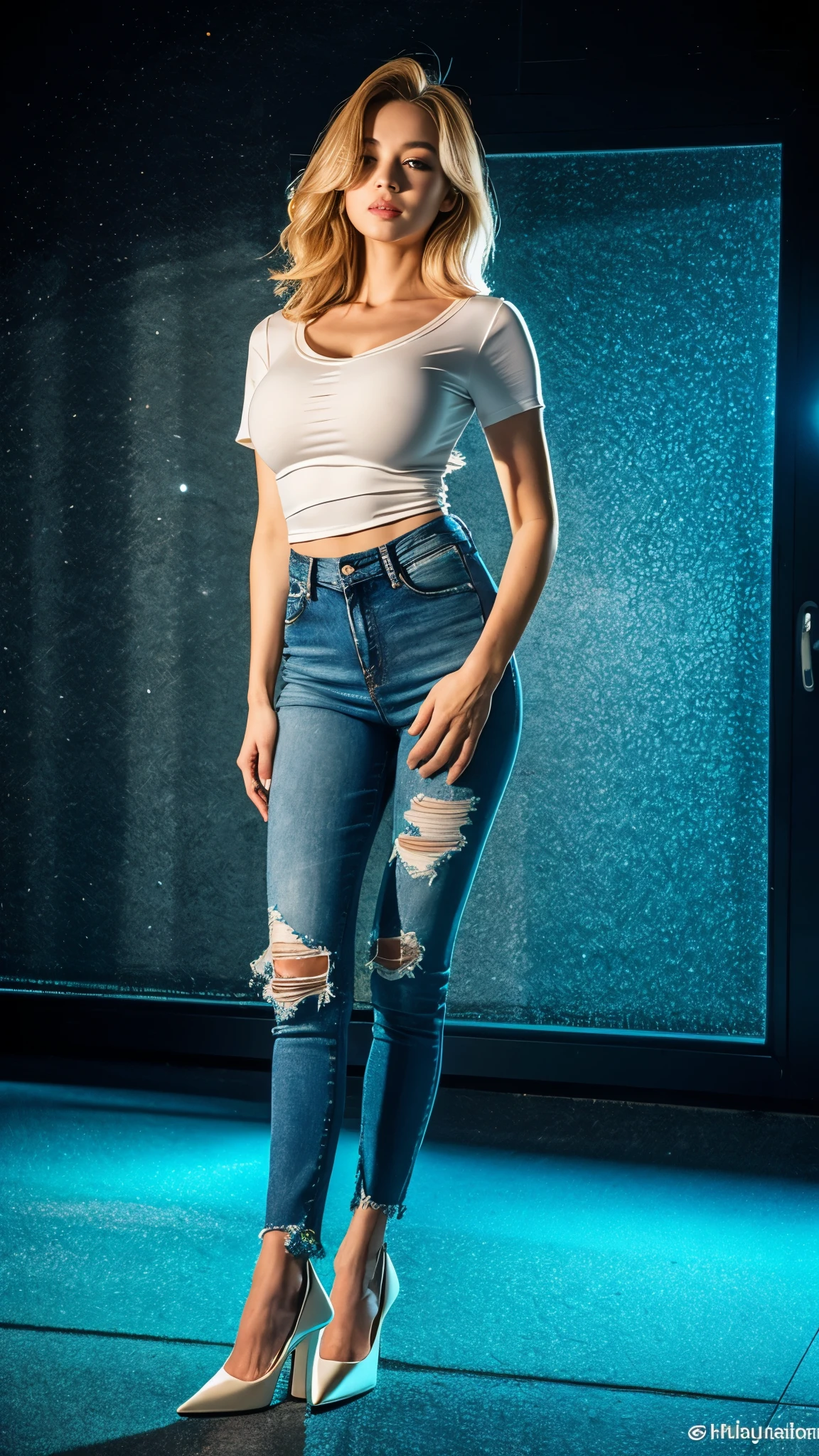 A cute korean woman, beauty woman, pretty woman, tall figure, flowy blonde hair, natural makeup, perfect body shape, natural gigantic breasts, braless, wearing a white tight shirt with short-sleeve spandex and long skinny ripped jeans, stilettos, high heels, long legs, standing with parapet and open the legs, seductive pose, pushes chest, full body, front view, night, at sidewalk, ruined floor, ruined wall, glass ceiling, dynamic light, masterpiece, ultra detailed, detailed face, studio lighting, neon lighting, fogging, smokey, movie scene, dramatic photo, perspective, vignette, cinematic, candid, close up.