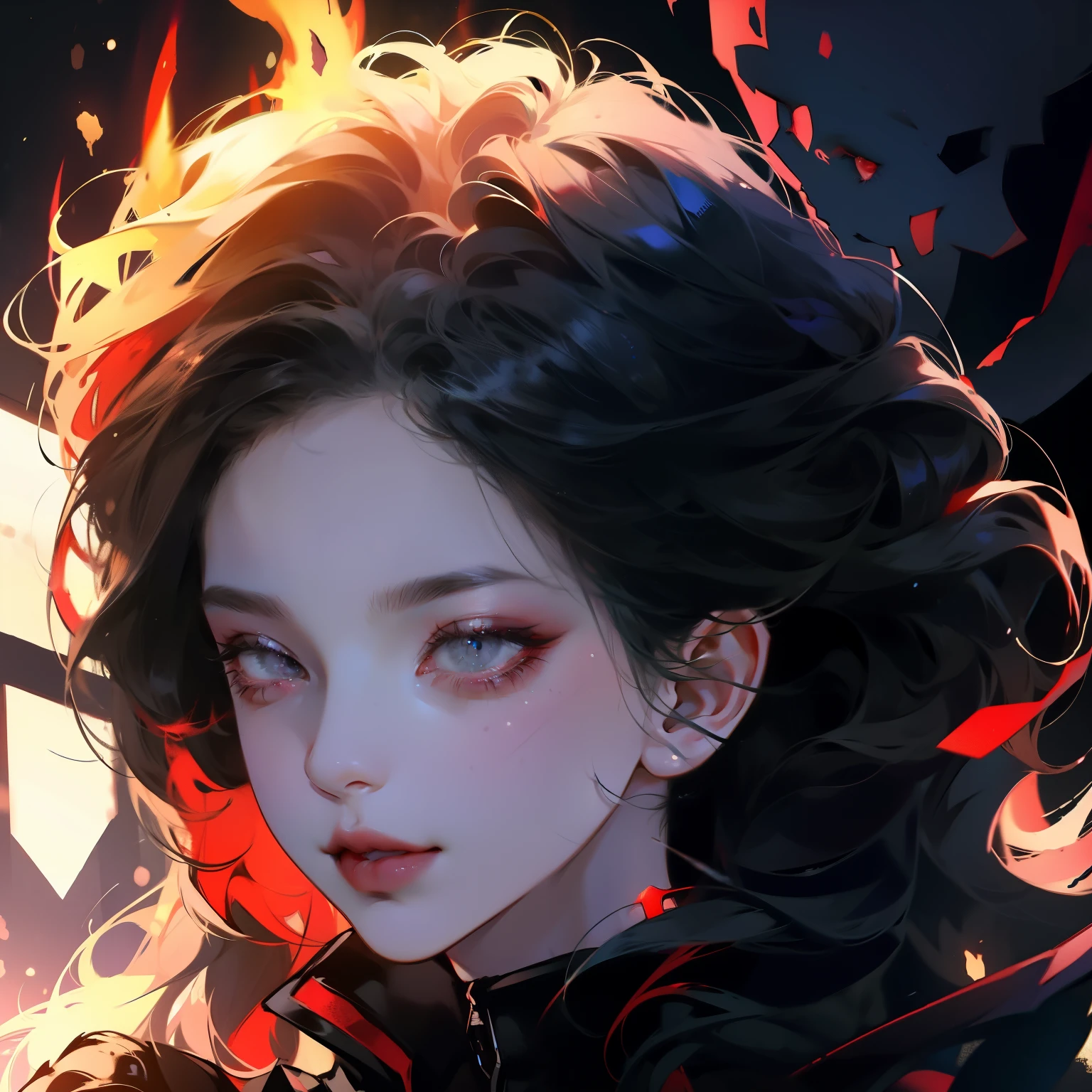 (extremely detailed CG unity 8k wallpaper),(masterpiece), (best quality), (ultra-detailed), (best illustration),(best shadow), (sharp eyeliner, eyeshadow, detailed eyes:1.1), (flames, smoke:1.3), ,BREAK, (vector:1.2), evil smile,  