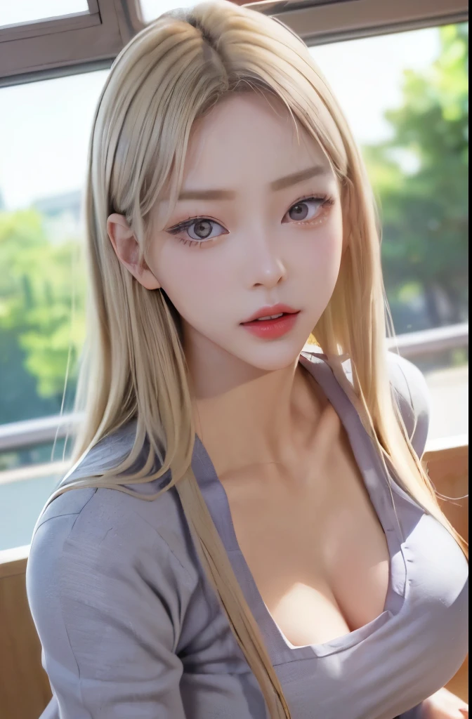 masterpiece, highest quality, finely, 1 girl, (blonde), (beautiful girl), cute, (緑のeye), (eyelash), (huge breasts),live-action、realistic depiction、background bokeh、 (masterpiece, highest quality:1.3), (disorganized:1.3), walk, owns a luxury handbag, (fine skin:1.3, detailed face:1.3), From above, looking at the viewer, sharp focus, delicate, (korean beauty, korean mixed:1.3), (mature woman:1.2), (huge breasts:1.4, thick thighs:1.2, narrow :1.1), light smile, (big_eye:1.2, Brown_eye), red_eyehadow, pink lips, (straight hair), looking at the viewer, (Light gray V-neck long midi dress:1.2), garden, english text, Day, (顔に当たるDay光:1.5), Open_blazer,
