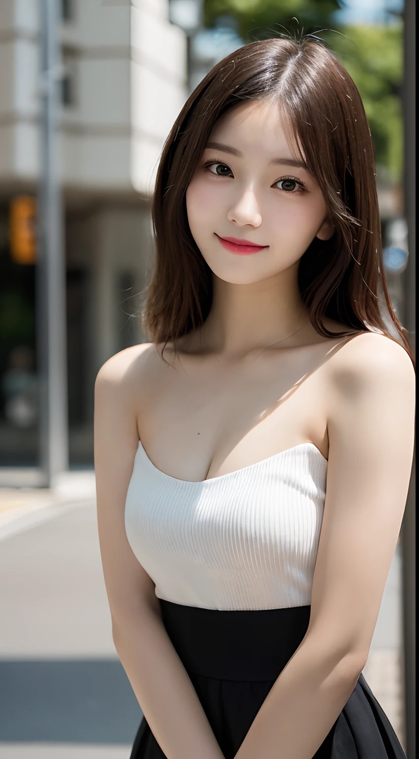 Master piece, highest quality, nude, ultra-definition, minute, high resolution, 8K wallpaper, perfect dynamic composition, detailed eyes, women's fashion summer, medium hair, small breasts, natural color lips, bold sexy pose, smile, Harajuku, girl, cute, sexy shot looking at camera