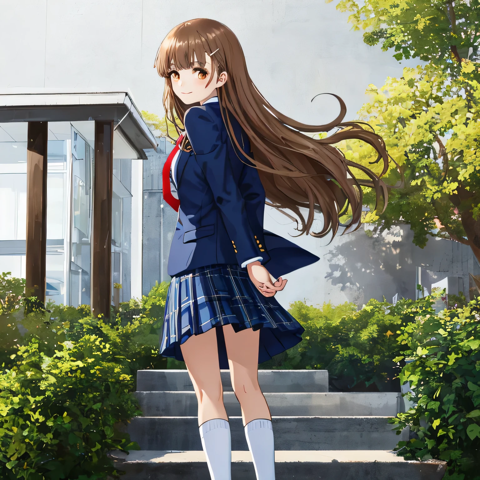 highest quality, (masterpiece:1.2), very detailed, girl looking back at viewer, Glossy lips that make you want to kiss, nice smile, brown eyes, dark brown symmetrical braids, 14 years old, height: 155cm, big shiny hair clip, school uniform, Dark blue and navy plaid skirt, middle long skirt, Luxurious navy blazer with a golden patch on the left chest, ((navy blue big shiny school ribbon tie.)), laughter、bright look、Both face and hair catch the light and shine, I&#39;I&#39;I&#39;m very happy, The expression of a cute maiden in love, The long skirt fabric has a beautiful deep blue checkered pattern....., ((cute expression)), double eyelid, ((long eyelashes and long lower eyelashes)), pure white background, The wind is blowing, Photographed from behind diagonally, white socks, brown leather shoes