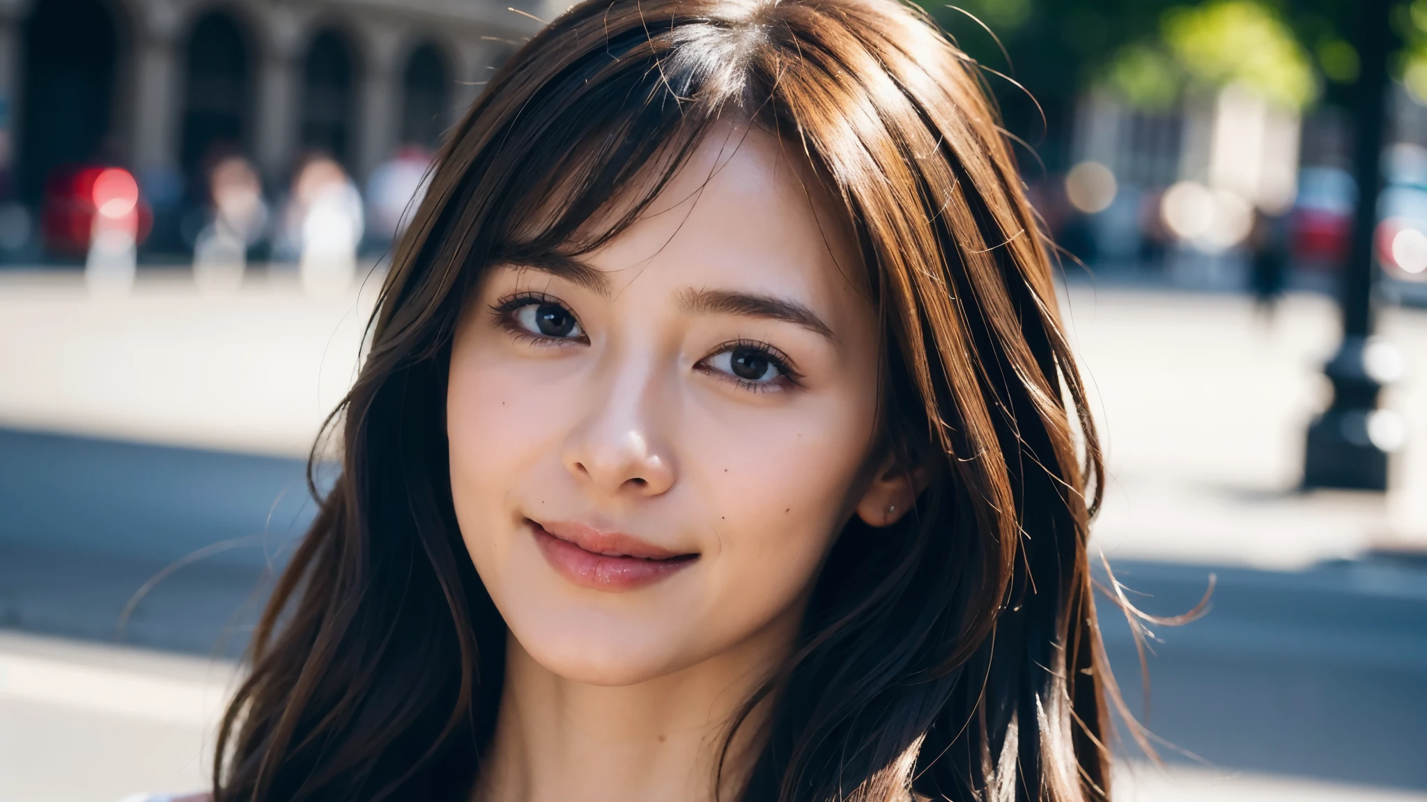 masterpiece, Best Quality, Photorealistic, Ultra-detailed, finely detailed, High resolution, 8K Wallpaper, 1 beautiful woman, light brown hair, sharp focus, Perfect dynamic composition, Beautiful detailed eyes, detailed hairs, Detailed realistic skin texture, Smiling, portrait, Model body type, Take a walk on the street of London,