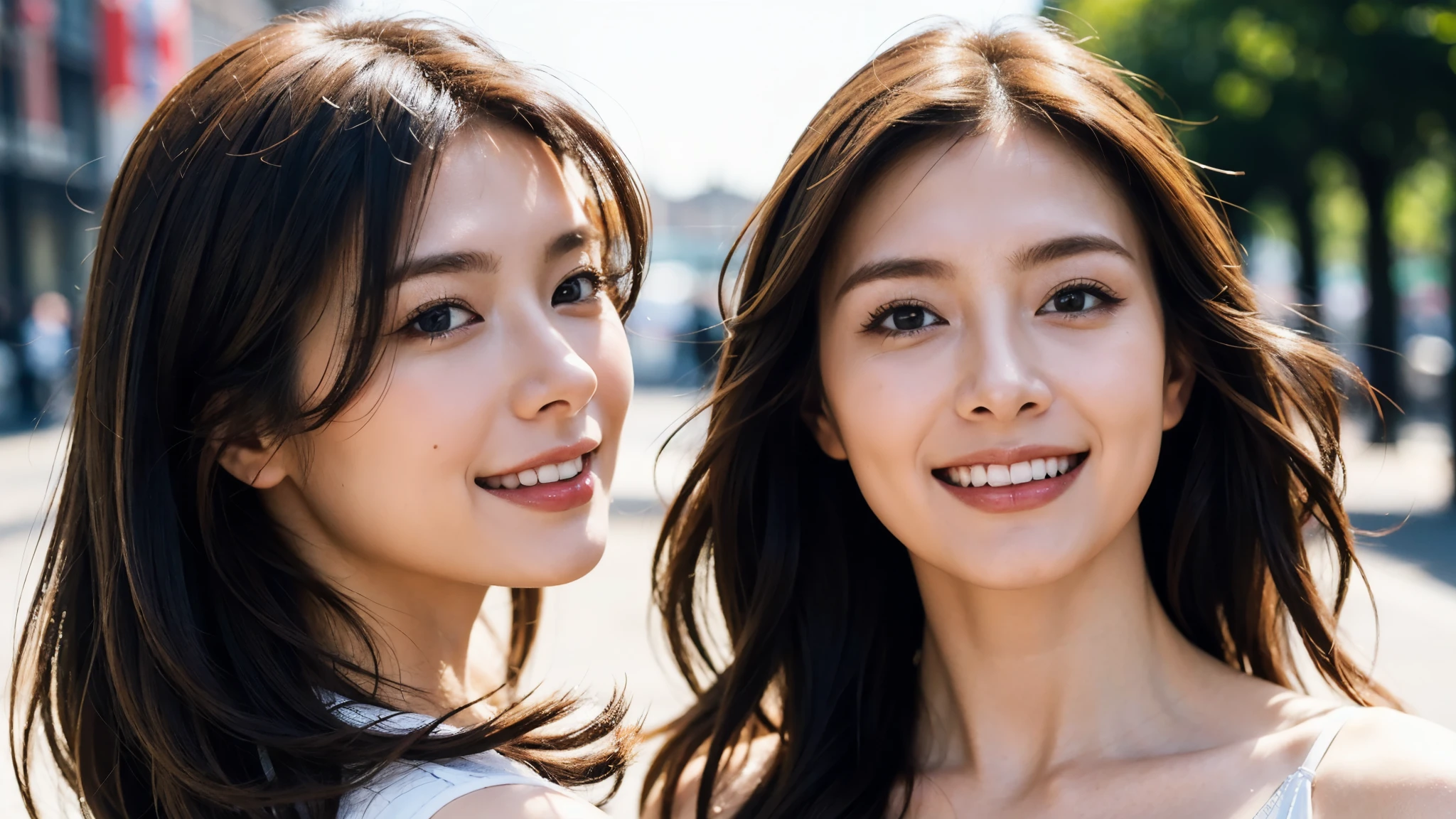 masterpiece, Best Quality, Photorealistic, Ultra-detailed, finely detailed, High resolution, 8K Wallpaper, 1 beautiful woman, light brown hair, sharp focus, Perfect dynamic composition, Beautiful detailed eyes, detailed hairs, Detailed realistic skin texture, Smiling, portrait, Model body type, Take a walk on the street of London,