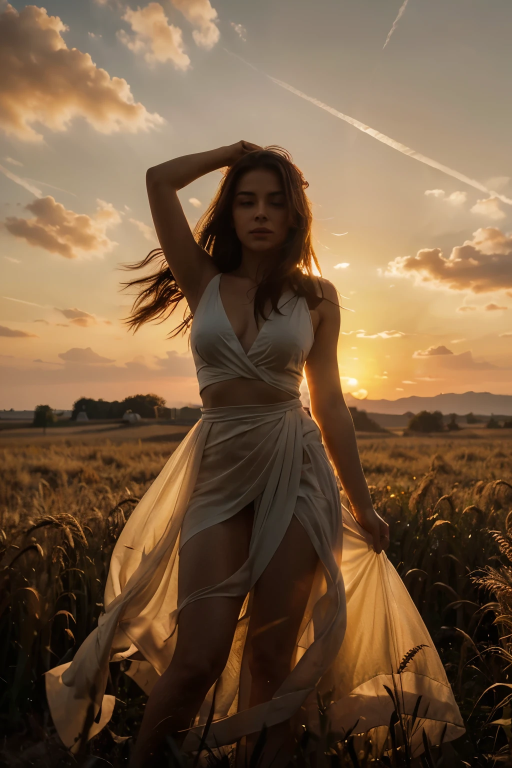  A woman draped in a flowing white gown stands amidst the vast expanse of the wheat field, her silhouette outlined against the fiery hues of the setting sun. Her figure exudes a sense of grace and tranquility as she gazes into the distance. [Background] The wheat field stretches endlessly towards the horizon, bathed in the warm, golden light of the fading sun. The sky above is ablaze with vibrant shades of orange and red, casting a rich and immersive atmosphere over the scene. [Technique] Roberts employs bold and dynamic brushstrokes to evoke the drama and intensity of the moment, capturing the interplay of light and shadow with striking precision.