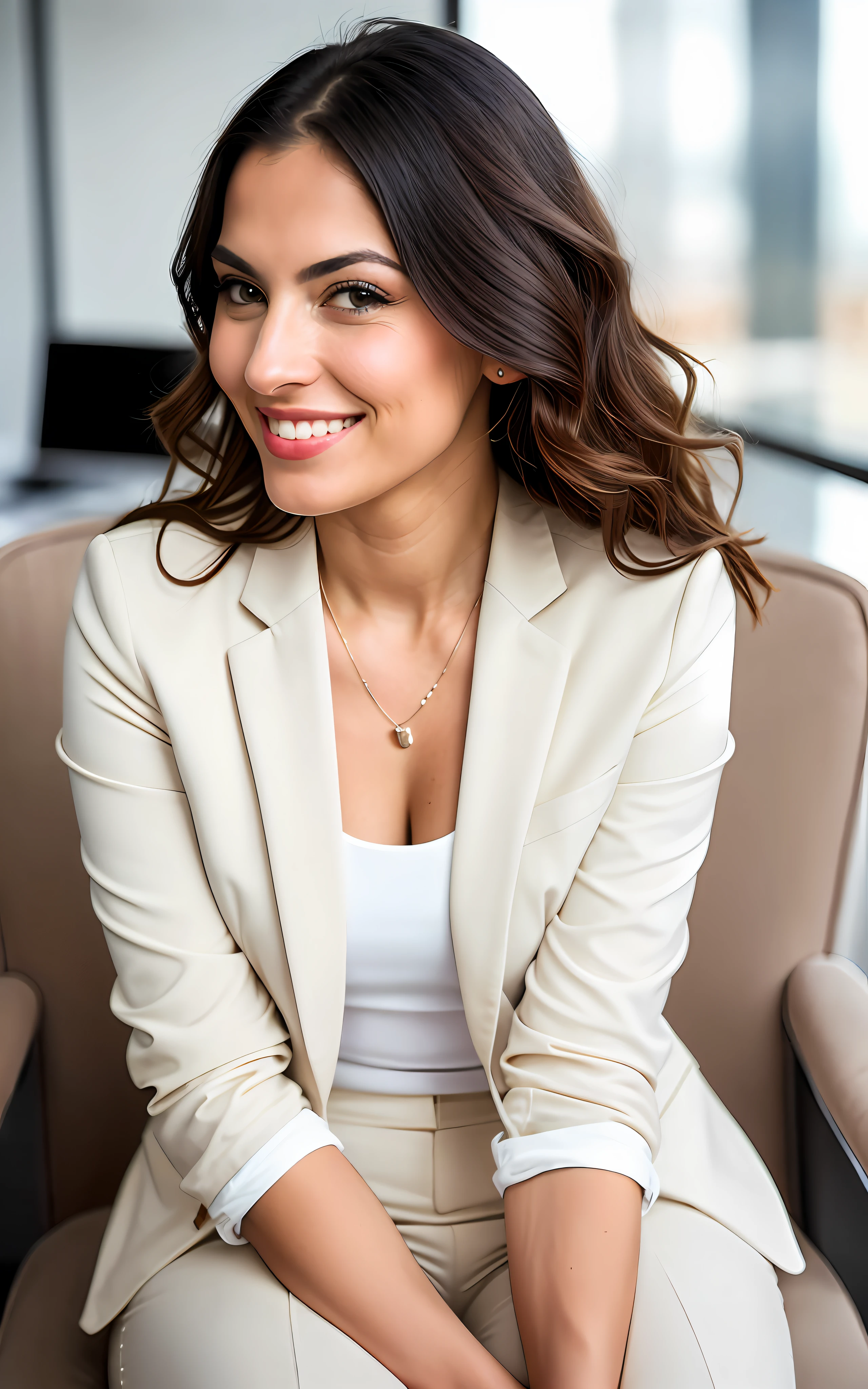 bela morena, brunette woman in a beige suit sitting on a chair with her hand on her chin, vestindo um terno bege claro, mulher de terno, profissional profile picture, Mulher de terno, retrato promocional, woman in business suit, photoshoot for skincare brand, amazing profissional image, Julia Fontes, well-lit profissional photo,  fernanda suarez, business woman, pose sorridente elegante, Caroline Gariba muito detalhada, 30 anos, rosto inocente, cabelo longo, ondulado natural, olhos azuis, high resolution, obra de arte, melhor qualidade, detalhes intrincados, altamente detalhado, sharp focus, pele detalhada, Realista skin textura, textura, olhos detalhados, profissional, 4k, sorriso charmoso, filmado em Canon, 85mm, profundidade superficial de campo, Cores Kodak Vision,  corpo em forma perfeita, extremamente detalhado, foto_\(ultra\), photoRealista, Realista, Post-processing, maximum detail, rugosidade, Vida real, ultra Realista, fotorrealismo, fotografia, 8k hd, fotografia