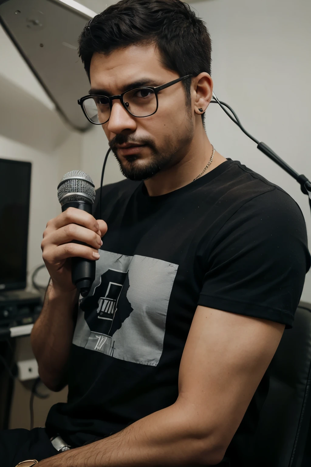 man in a recording studio for narrations and voiceover. Imagine this man speaking into a condenser microphone with reference headphones in his ear. This man is wearing a black t-shirt, tem barba grande, wears prescription glasses and very short sidecut hair