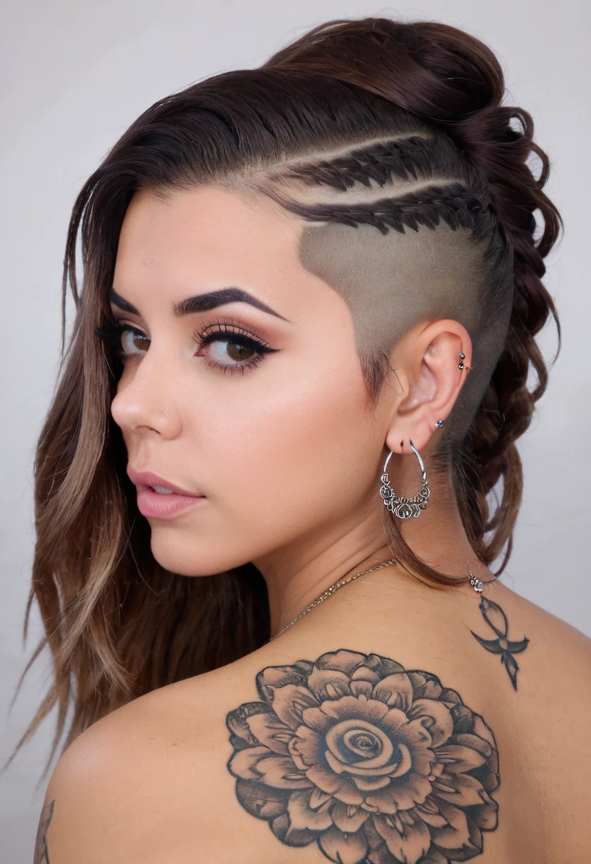 a beautiful 29 year old girl, olhos azuis, cabelos loiros, tatuagem nos ombros, tatuagem nas pernas, tatuagem na bunda, face position close to the camera, olhar safado, olhando para cima