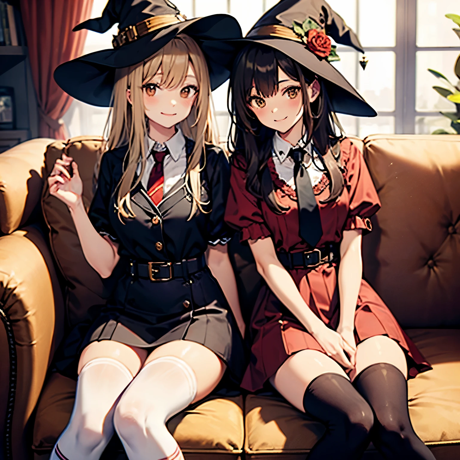 two beautiful young women in witch , multiple girls, witch hat, necktie, sitting, socks, dress, smile, short sleeves, brown hair, long hair, couch, blonde hair, kneehighs, looking at viewer, red dress, closed mouth, indoors, thighhighs, brown eyes, belt, white shirt, bangs, puffy sleeves