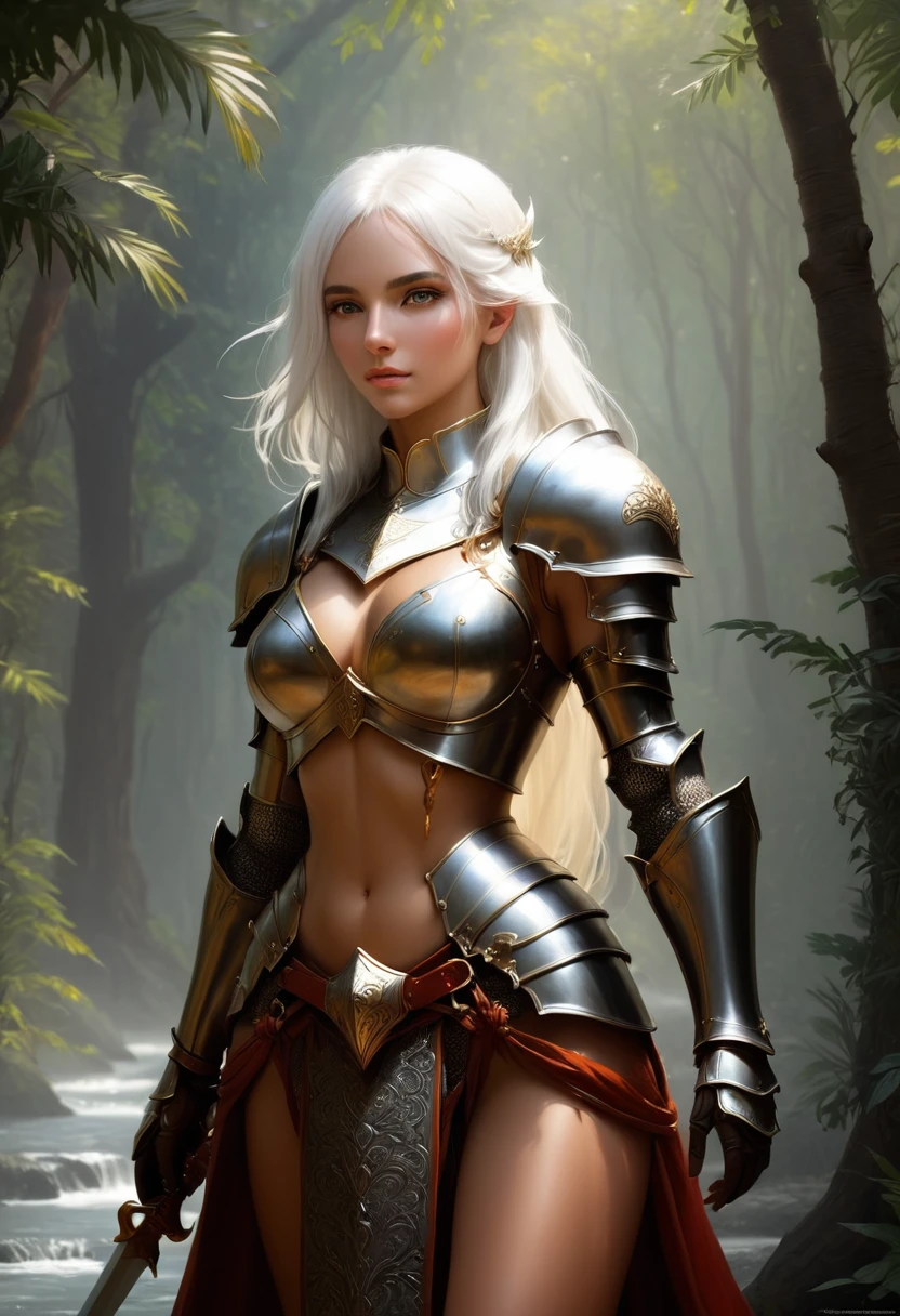 A female knight araffe with white hair beautiful figure painting, white-haired god, epic ,cgsociety contest winner, fantasy art, 