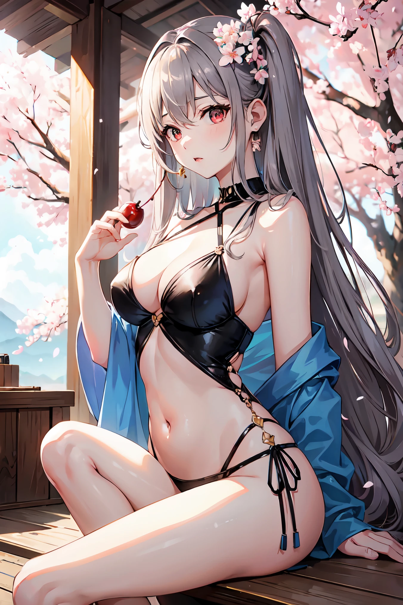 1 female、whole body、bottom angle、brown hair、long hair、well-groomed face、silver hair、dense lips、red eyes、blue one piece、beautiful breasts、slim、mini skirt、cherry blossoms、cherry blossoms吹雪、petal、hot spring town、night、full moon、masterpiece、ultra high resolution、delicate、perfect lighting、sunlight、16K