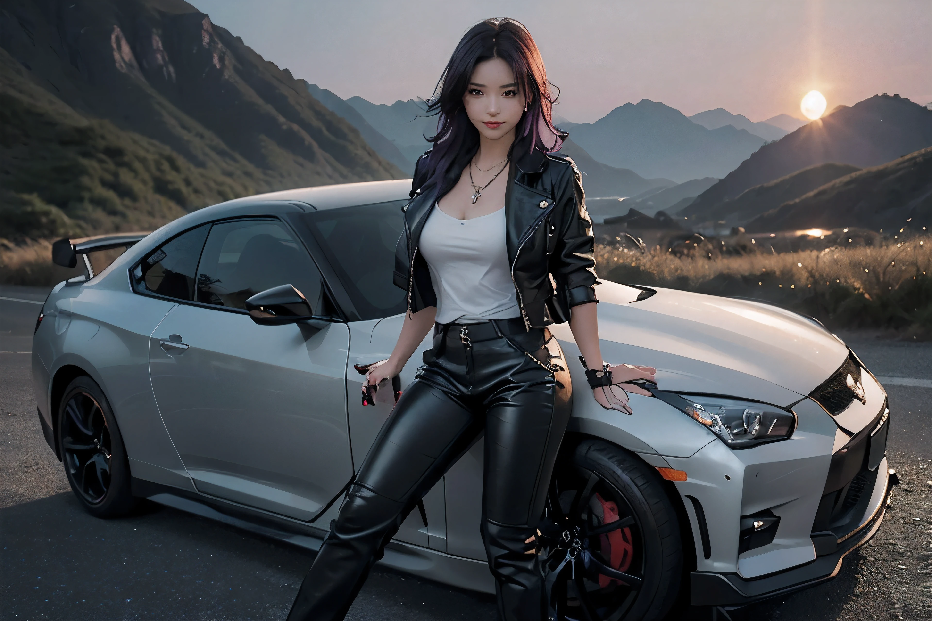 master piece, best quality, ((realistic)), ((1 person)), 8K picture quality, extremely delicate and beautiful, magnificent, Official art with attention to detail, huge file size, ultra-detailed, highly detailed, (kawaii girl), (More girls), (Korean beauty), Black hair, ((Perfect female figure)), Sexy woman, ((wearing a black leather jacket over a white t shirt and black cargo pants, cross necklace)), medium chest, cleavage, perfect body, hot, Dark and purple hair , Feminine look, (smile), girl standing next to a parked car, ((only one car)) , fully zoomed out to fit the car and girl with the background view, sunset, hill side background view, Nissan Skyline GT-R R34 V-Spec II (2015)
