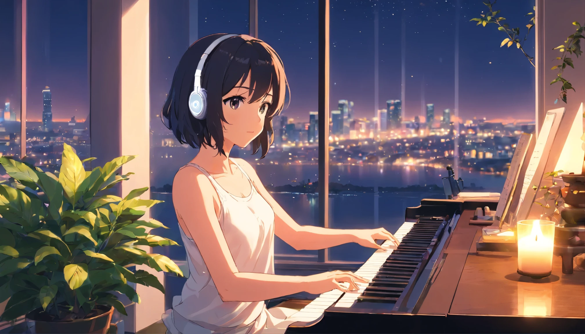 anime girl wearing white headphones, looking at a candle, black hair, 29 years old, tank-top, Exposed cleavage, big breasts G-cup, accentuate the cleavage, accentuate big , revealing skin, lofi girl anime vibes, lofi artstyle, anime style 4k, anime aesthetic, nightcore, lofi feel, lofi art, anime art wallpaper 4k, anime wallpaper 4k, lofi vibes, plants in the room, city view, sunrise, white headphone, Playing the piano, Elegant and graceful posture, Fingers dancing skillfully on the keyboard, Delicate sounds echo in the room, Heavenly music that fills the air, Vintage grand piano with glossy finish, a thick candle is lighting, Night city lights illuminate the room, anime style, cinematic lighting, Sony FE GM, masterpiece, best quality, 4K