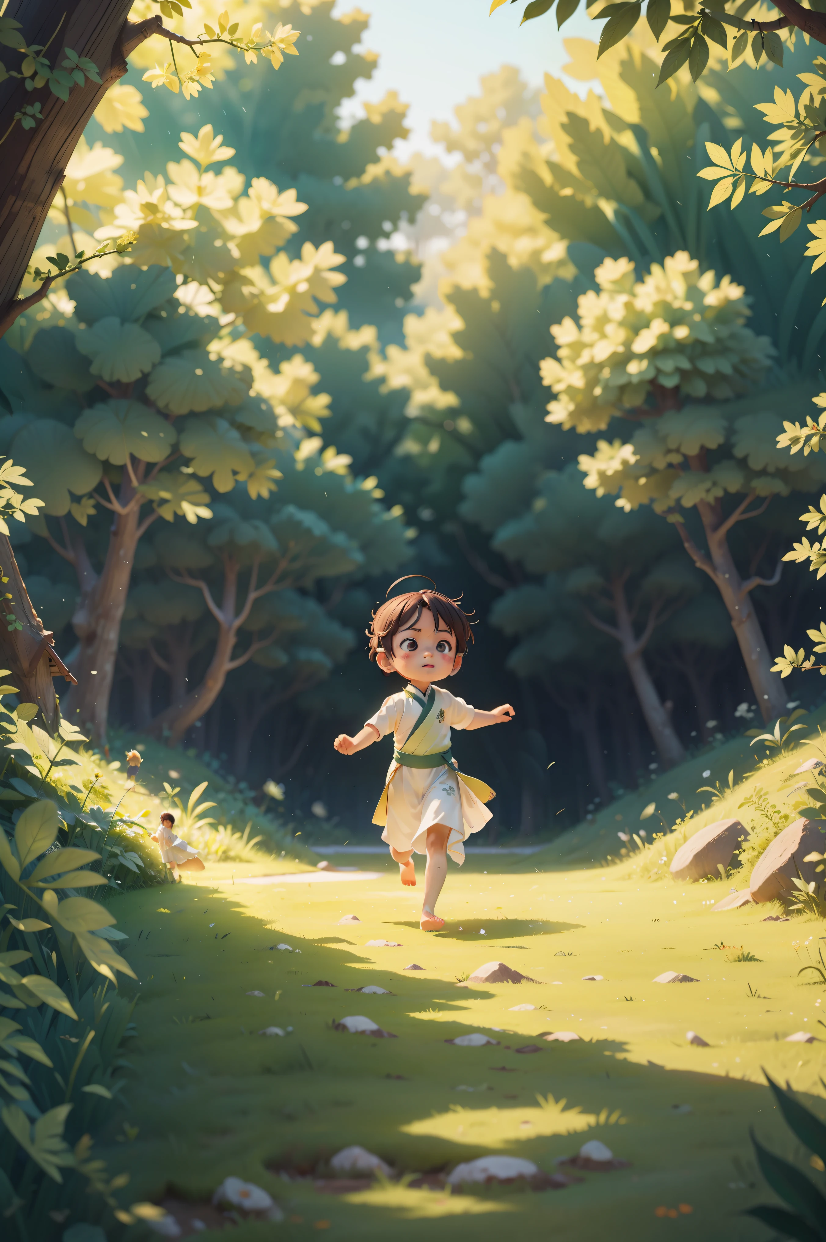 In the open wilderness,The scene is grand,Running kids,barefoot, Wearing white and green Hanfu, Spacious scene,light and shadow, masterpiece
