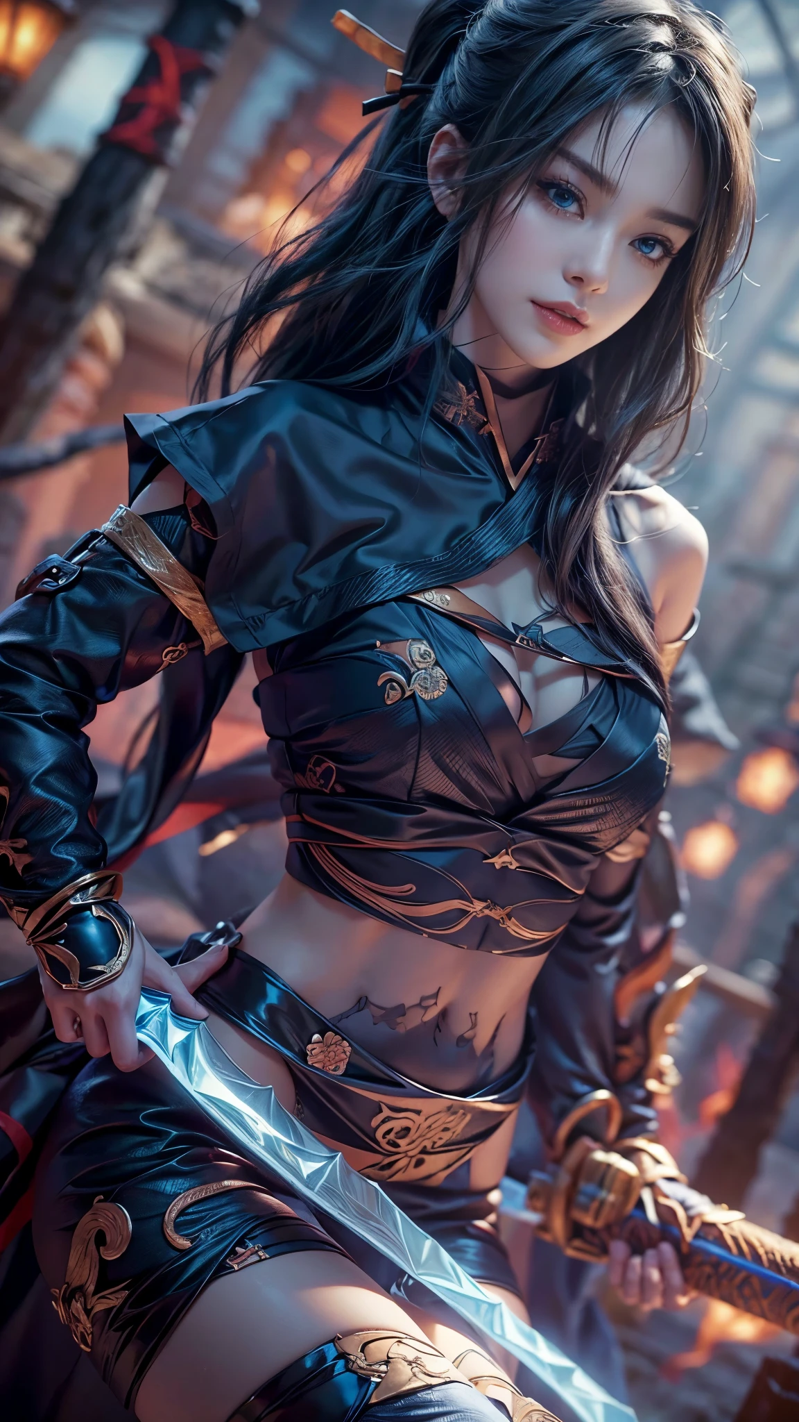 (RAW shooting, Photoreal:1.5, 8k, highest quality, masterpiece, ultra high resolution), perfect dynamic composition:1.2, midnight, Fight:1.2, Sengoku, fire事, いたるところで燃え上がる戦fire:1.3, Highly detailed skin and facial textures:1.2, Slim female ninja with a sharp dagger:1.3, beautiful and aesthetic:1.2, sexy beauty, perfect style, Revenge, belief, hatred, wear elaborate rings, fire, water, Wind, thunder, ice, Fair skin, very beautiful face, (Medium chest, Chest gap), (embarrassing smile, The expression on your face when you feel intense caress, Facial expression when feeling pleasure), (Wear a sexy ninja costume in an erotic way:1.2, off shoulder:1.1), (beautiful blue eyes, Eyes that feel beautiful eros:0.8), (Too erotic:0.9, Bewitching:0.9), full body shot, perfect limbs, perfect fingers
