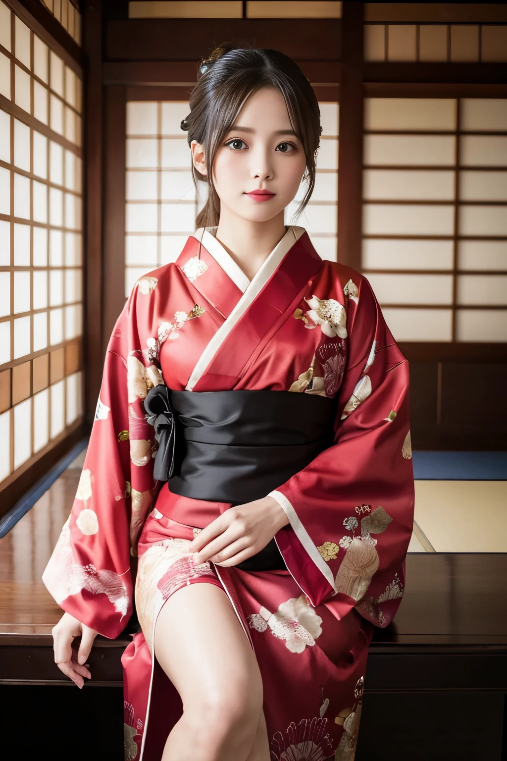 (8k, highest quality, masterpiece, ultra high resolution: 1.2),kimono,Japanese style room,1 girl, 23 years old, 
