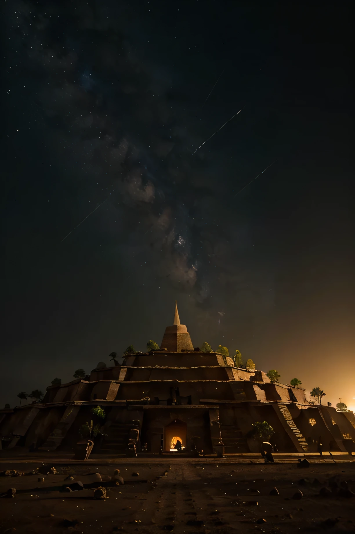 una imagen fotorealista del dorado bajo la tierra, con piramides doradas incaicas, oculto, hambiente oscuro, con vegetacion, destruido, edificaciones antiguas
