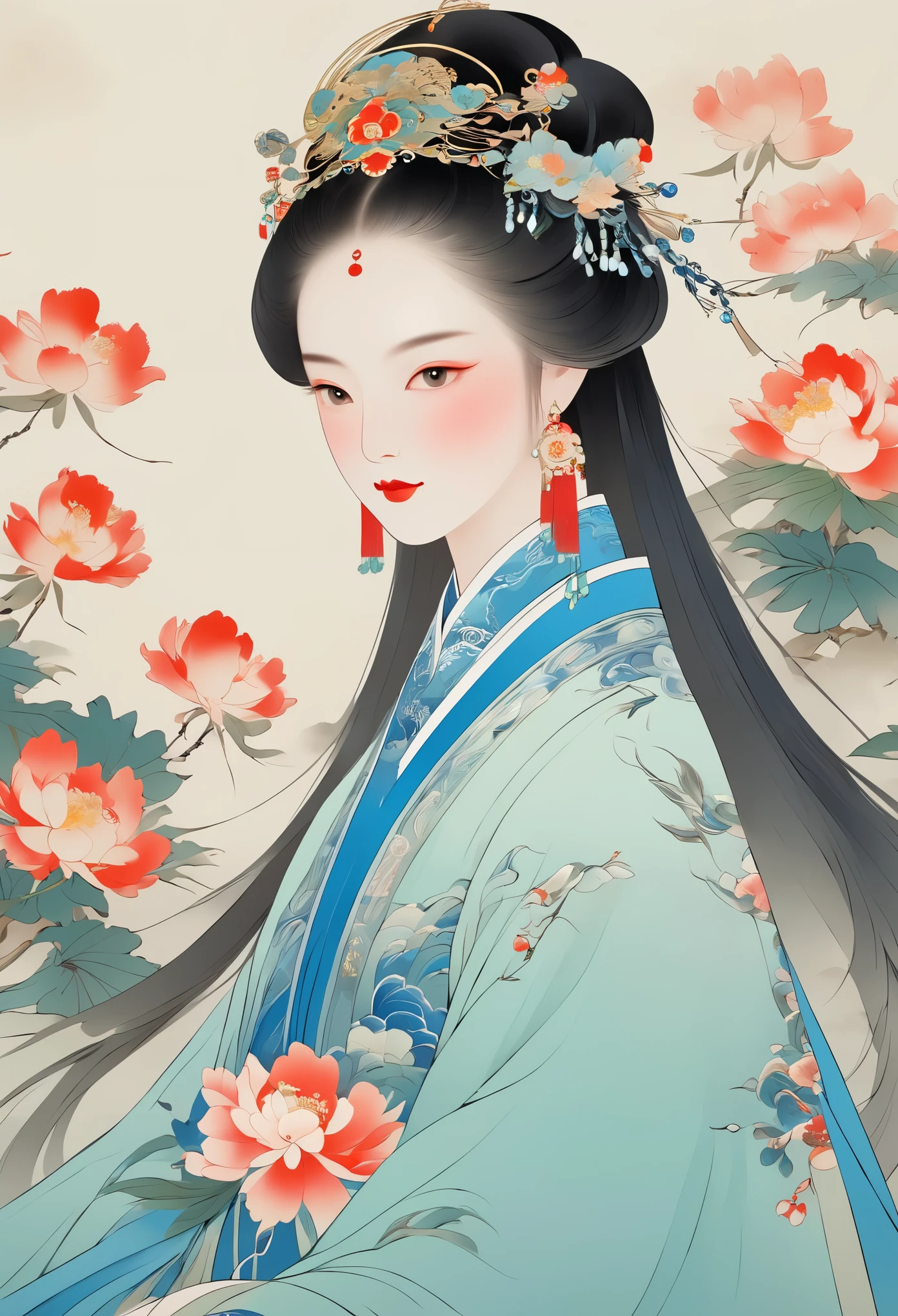 (best quality, 8k, high resolution, masterpiece: 1.2), super detailed, Chinese style，(masterpiece, best quality:1.2，lifelike：1.37), 1 girl，Peking Opera，Fengguanxiapei，Lines outline hair，Exquisite facial features，Detailed drawing of eyes，eyelash，long hair，Exquisite makeup，There are beautiful pearls on the head，blue华丽的汉服，simple，glowing butterfly，blue：1.37，huge peony flower：1.37，clean simple background，The picture is simple and clean，(medium shot, full-body shot: 1.5),fan