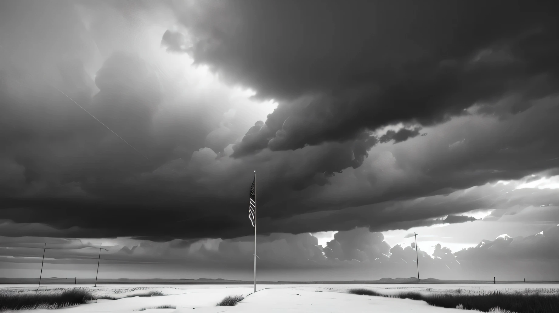 Standard background image on a desktop and There are 2 flag poles clearly visible one flag is lowered half-way USA flag closer to viewer and the other flag is raised all the way of CNMI flag farther to viewer and there is a dark and stormy sky behind lightening and black storm, Halfway across the page to the right it is fading to whitye like nothing exist, the storm fades to white clear sky little by little matching the sky clear white on the ground realistic image in greyscale
