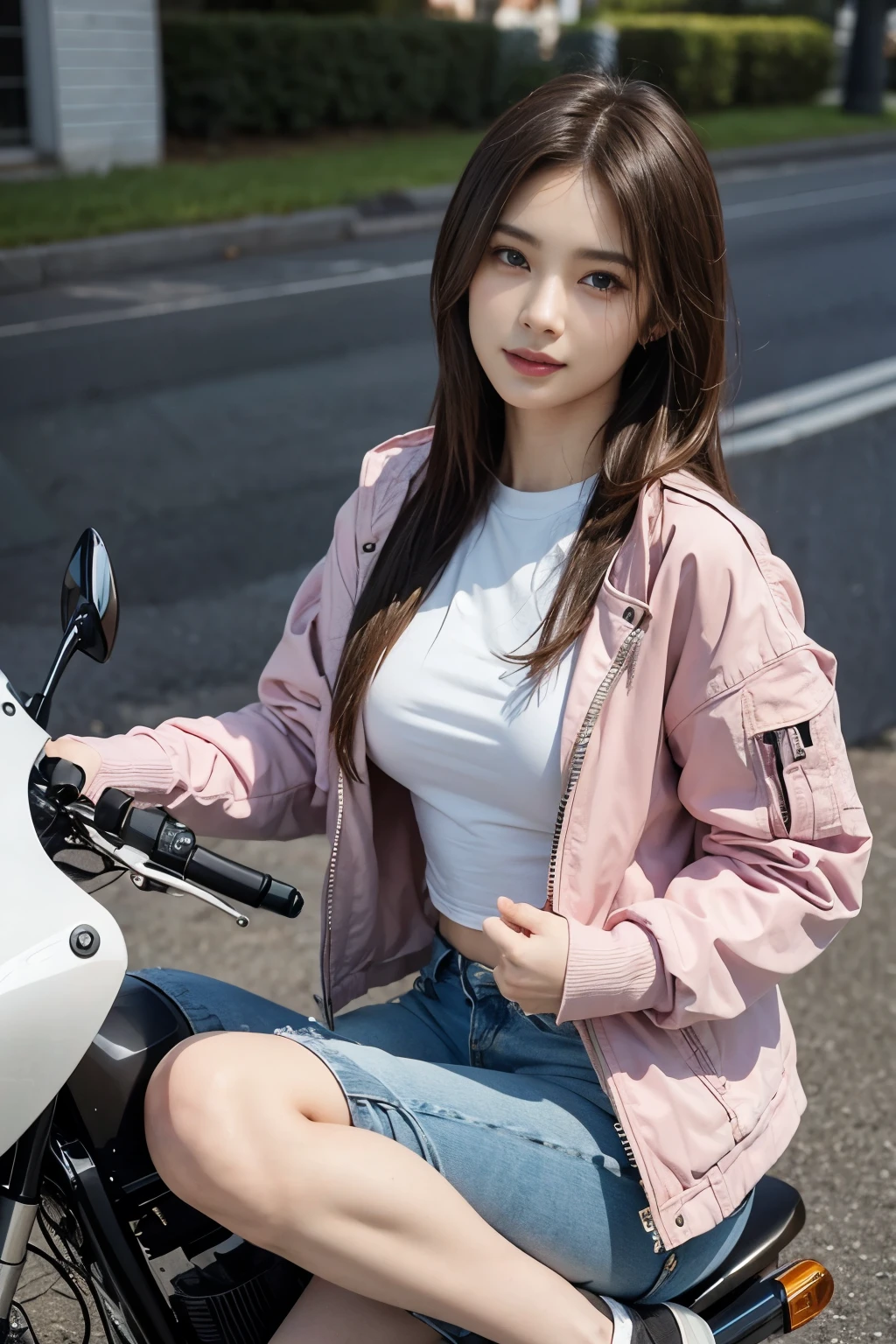  (realistic:1.5), 8k, Super delicate beauty, 1 girl, intricate body details, (short: 1.3), (highest quality: 1.0), (Super high sharpness: 1.0),（Beautiful and delicate depiction of eyes）,((((ride a motorcycle)))),unreal engine:1.4, photorealistic:1.4, skin texture:1.4, masterpiece:1.8,highest quality、smile、long limbs、((pink jacket and long pants))