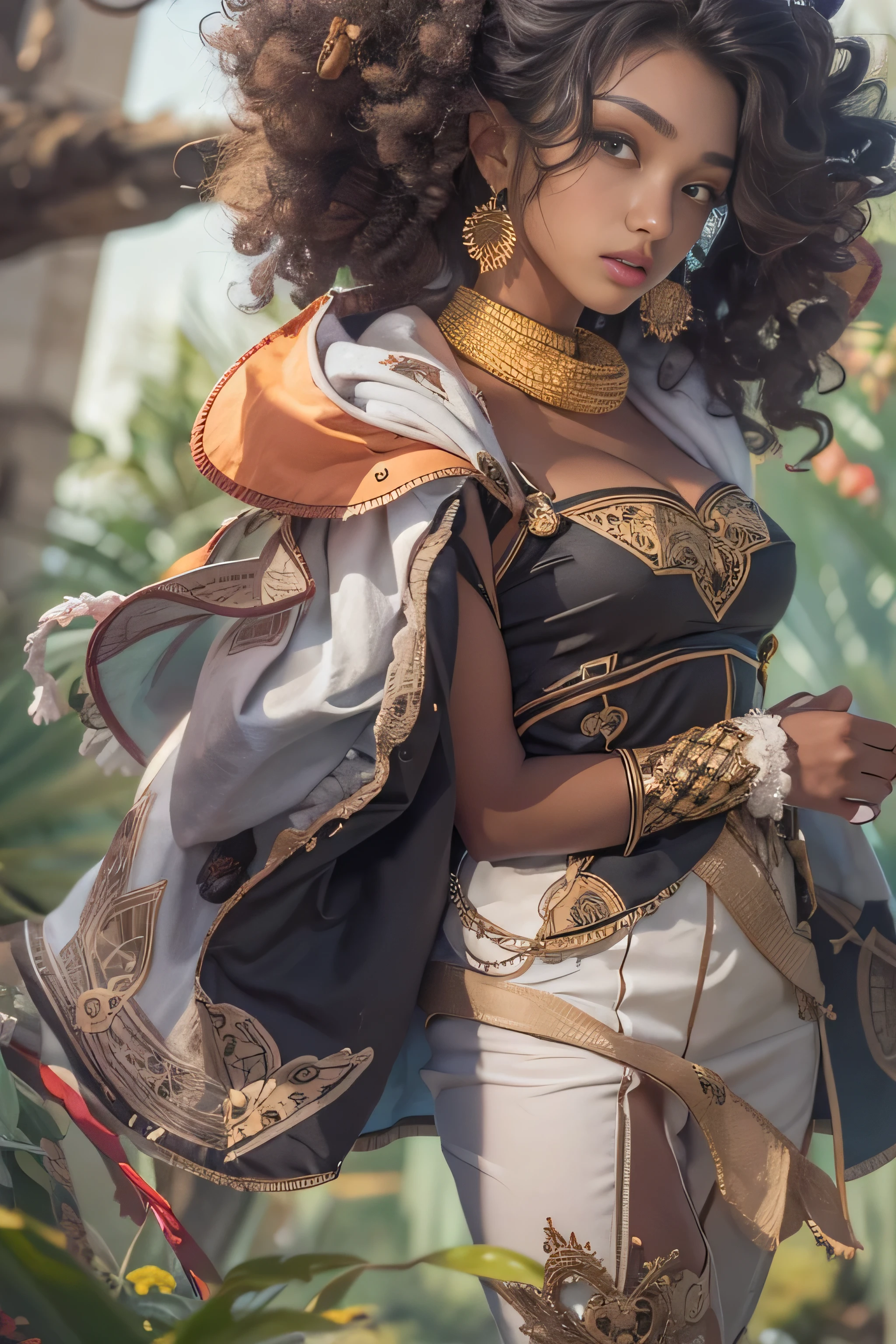 A hyper realistic photo of a 28 year old black Brazilian woman, 1 meter and 69 centimeters, 60 kg well distributed, fully body, legs spread apart, one hand on the waist. she is looking at the camera, Your smile is seductive. She is wearing the clothes of Banessa Enotēka, the female character from the anime Black Clover ( Burakku Kurōbā ) como cosplay. breasts big, Breasts huge, Giant tits, afro long hair, long afro style hair, afro curly hair. legs thick, thick-thighs. the setting is a cosplay fair where there are several people dressed as heroes.
naturallight, contrast light, Vibrant and Contrasting colors, **high resolution**: High-quality DSLR or mirrorless cameras for sharp, detailed images, Sharp and Clear strokes,