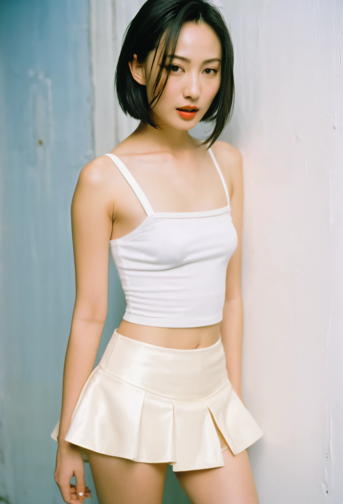 Close up portrait of woman in short skirt and top, kiko mizuhara, thin waist, Fashion Model, mini skirt, wearing a sexy crop top, thin waist, wearing crop topss, he is short, wearing crop tops, 1 9 9 9 beautiful, Maggie Cheung, silent hill supermodel, female model