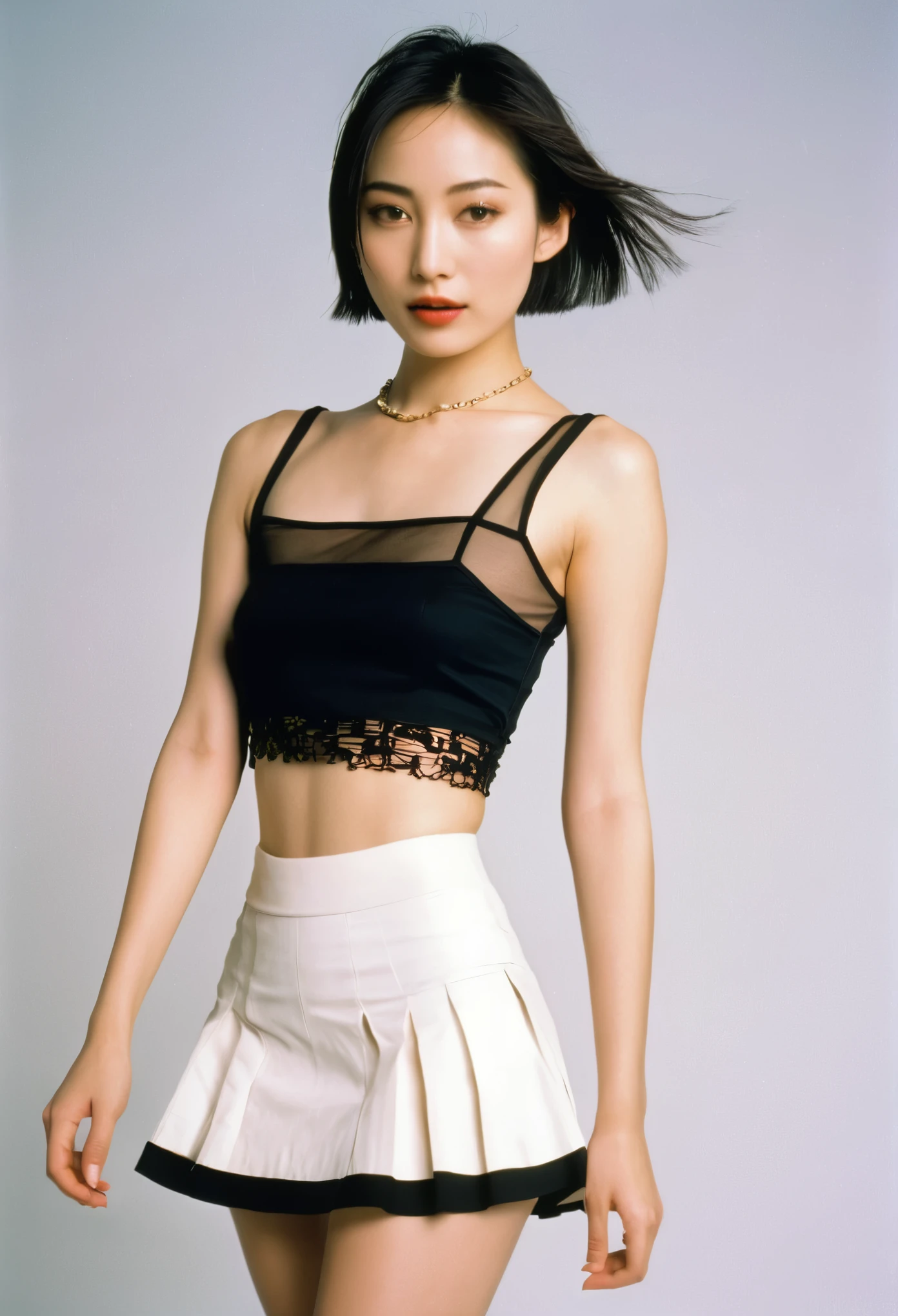 Close up portrait of woman in short skirt and top, kiko mizuhara, thin waist, Fashion Model, mini skirt, wearing a sexy crop top, thin waist, wearing crop topss, he is short, wearing crop tops, 1 9 9 9 beautiful, Maggie Cheung, silent hill supermodel, female model