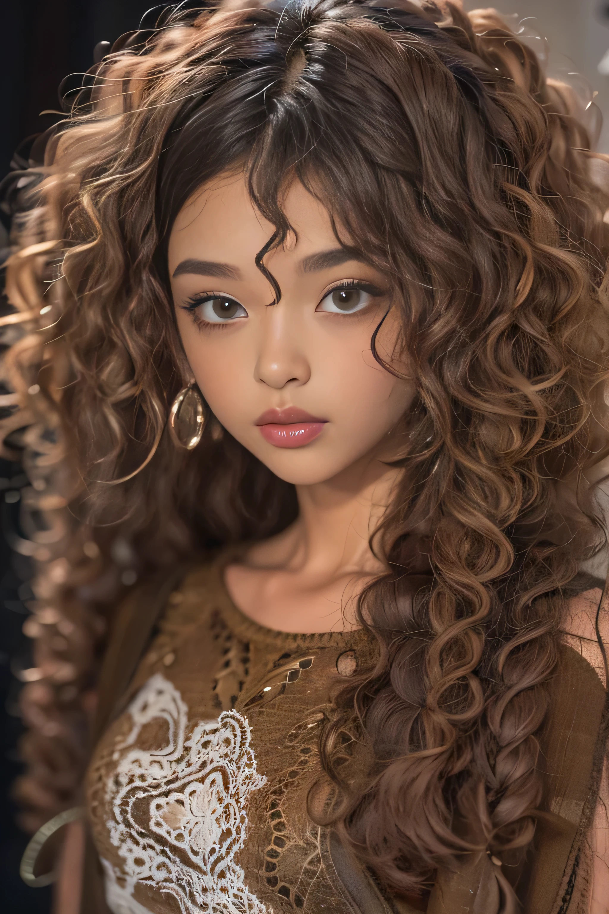 masterpiece, best quality, 1 girl, solo, beautiful African mixed 19 year old, brown skin female, long, frizzy, curly black hair, perfect face, half body, long hair,
