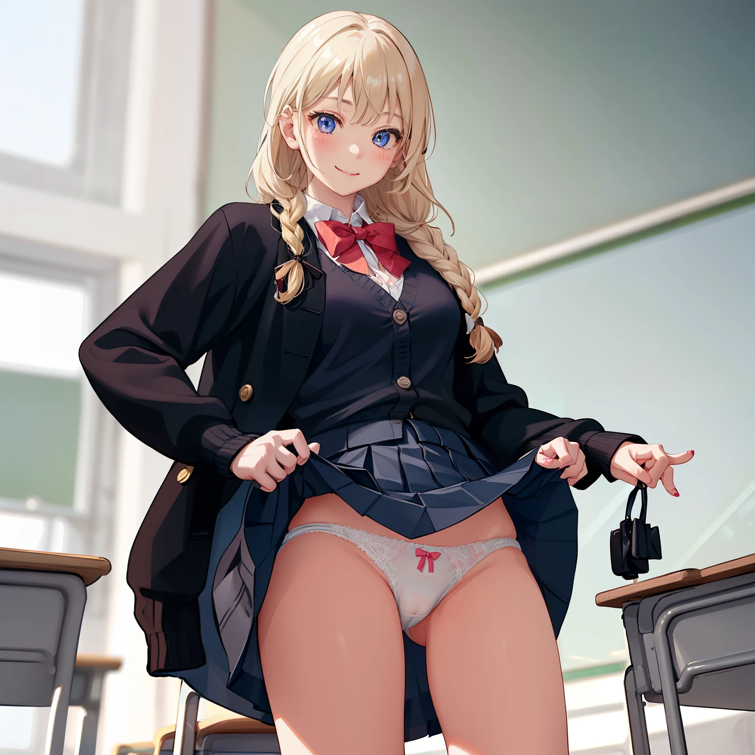((1 girl))、(smile:1.5)、small breasts、(cowboy shot)、(fun!!)、(cardigan)、(blonde)、blush、(single braid)、(eye highlights:1.3)、blake black footwear,(黒いskirt)、bow, button, shirt with collar, long sleeve, ((red bow tie, , black jacket, open jacket, 茶色のcardigan, white shirt, 黒のskirt, チェック柄のskirt、white socks)),, shirt,, skirt, socks, thighs, white shirt, rest indoors, ((classroom:1.5))、 BREAK While watching the audience、(skirtを掴む:1.0)、 (perfect hands, perfect anatomy),cowboy shot、(skirt lift:1.3),(highly detailed white panties:1.3)、(highly detailed panties:1.3)、、(skirt that rolls up:1.3)、(fully exposed panties:1.5)、blue eyes